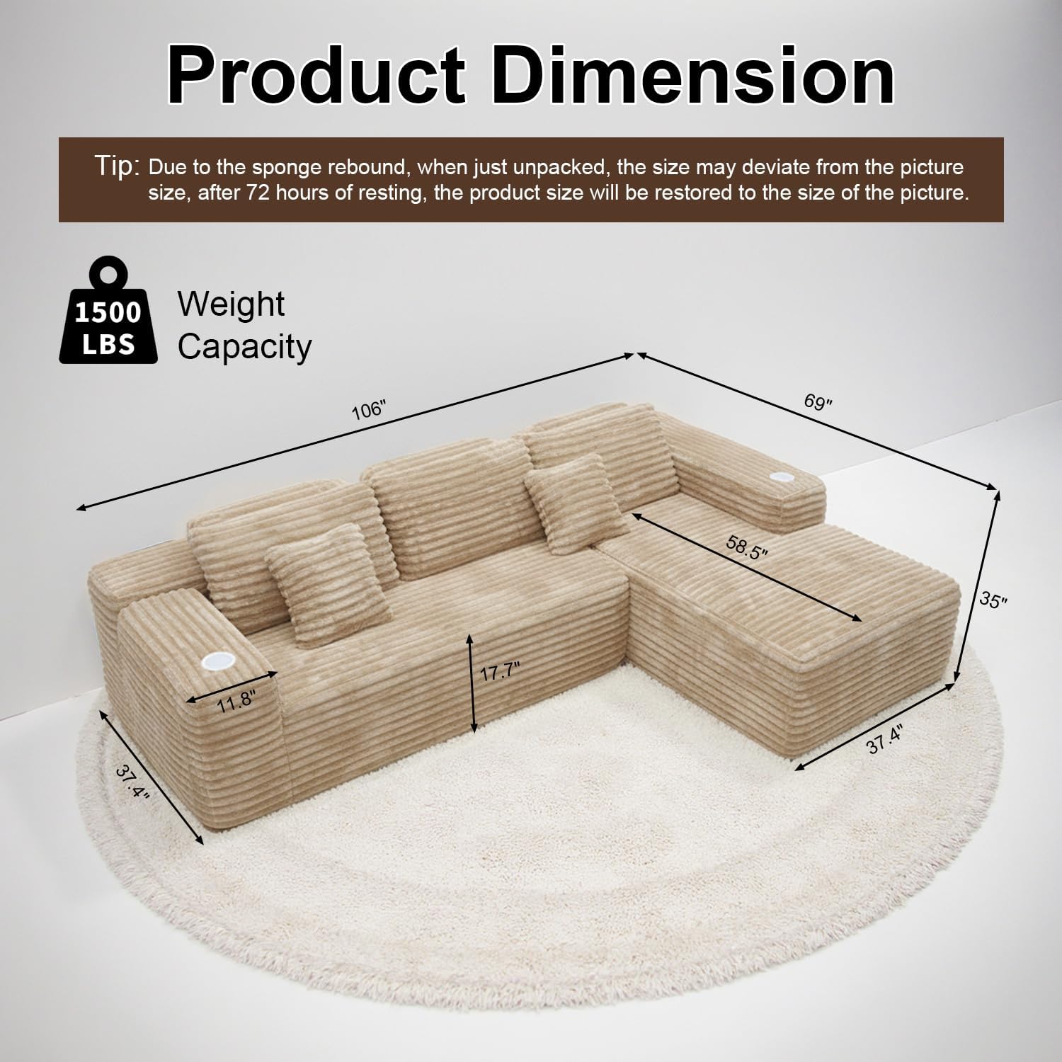 Cloud Sectional Couch with L-Shape Chaise, Modern Modular Sofa with Deep Seat, Built-in Cup Holder & Storage Pocket for Living Room Bedroom, No Assembly Required (Camel, Right Facing Chaise)