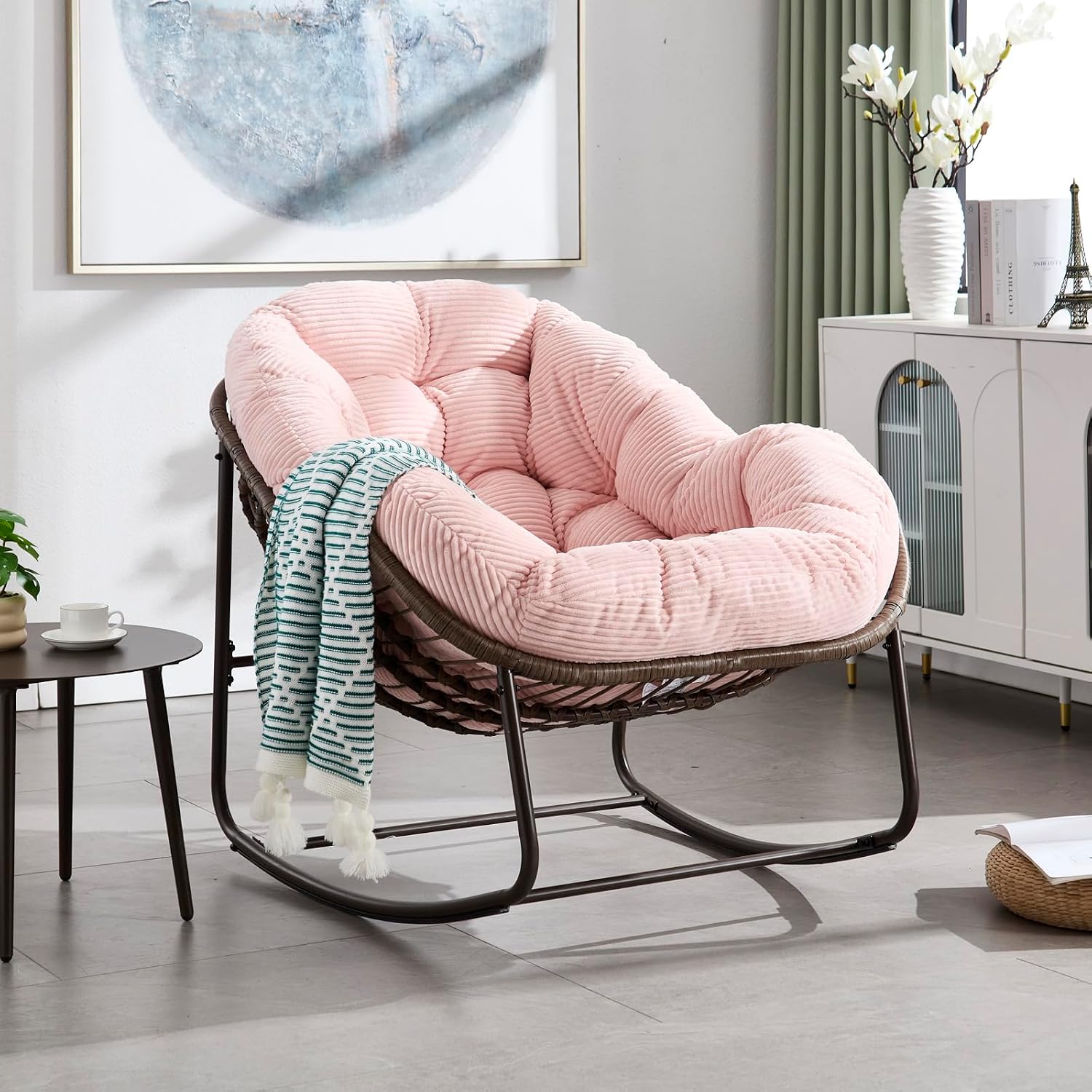 Outside Rattan Rocking Chair with Wicker Cushion, Oversized Lounge Papasan Chair, Outdoor Camping Chairs Patio Furniture for Garden, Balcony, Front Porch & Living Room, Pink