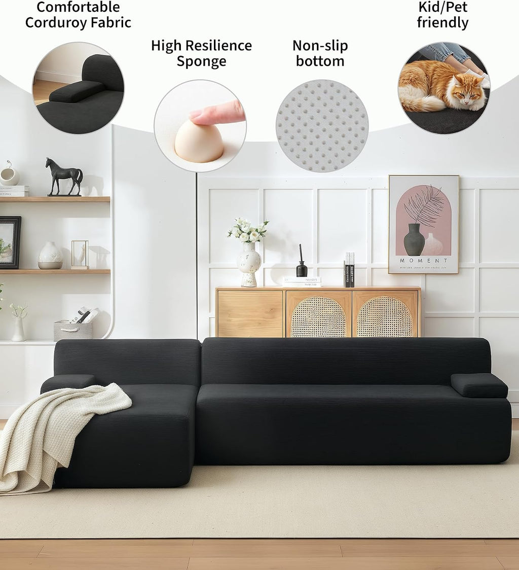 108' Cloud Sectional Couch with Chaise - Super Fluffy Boneless Sofa, Ultra Soft Corduroy L Shaped Couch Bed, Creates Cozy Atmosphere. Perfect Comfy Couches for Living Room, No Assembly Required, Black