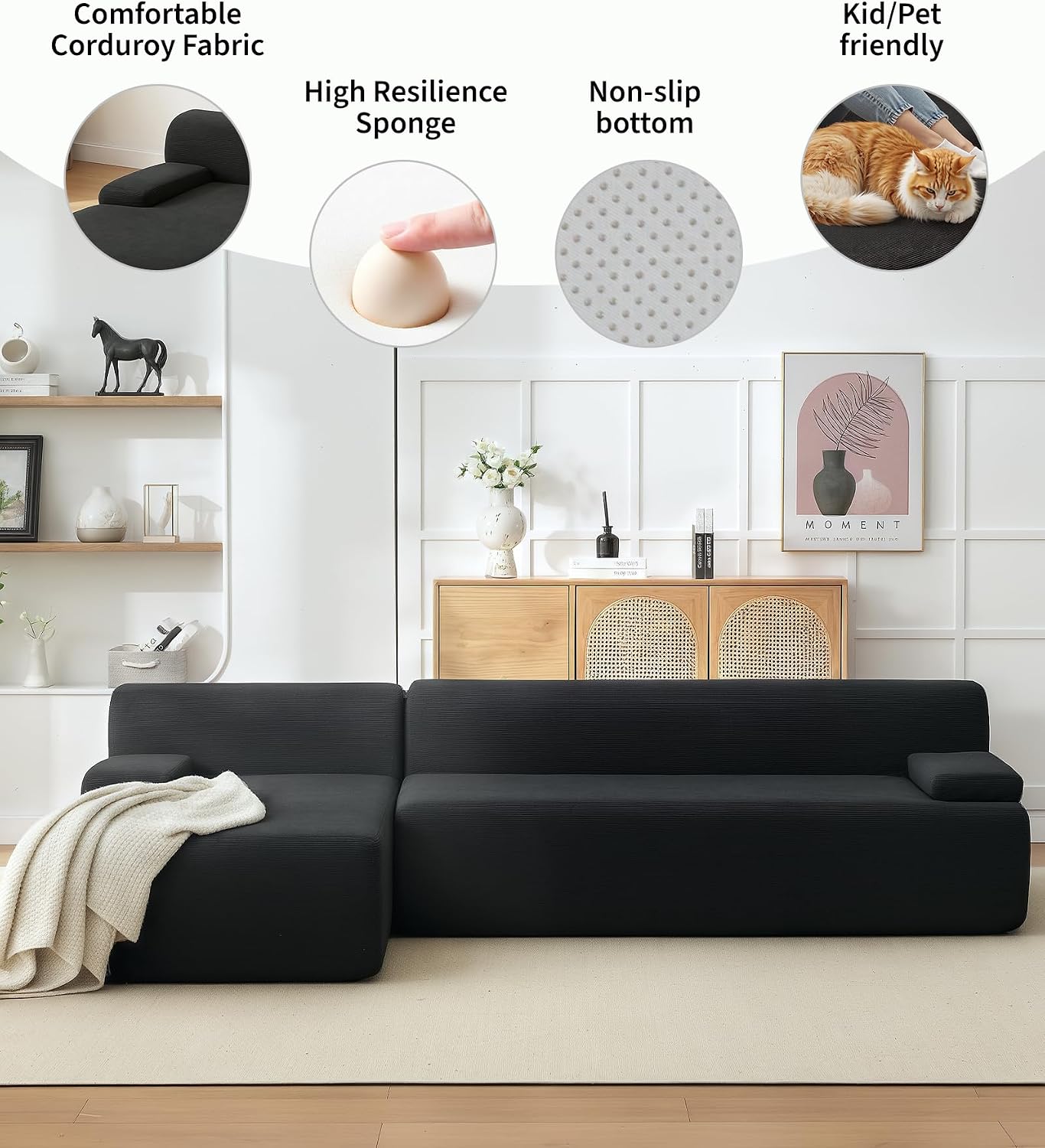 108' Cloud Sectional Couch with Chaise - Super Fluffy Boneless Sofa, Ultra Soft Corduroy L Shaped Couch Bed, Creates Cozy Atmosphere. Perfect Comfy Couches for Living Room, No Assembly Required, Black
