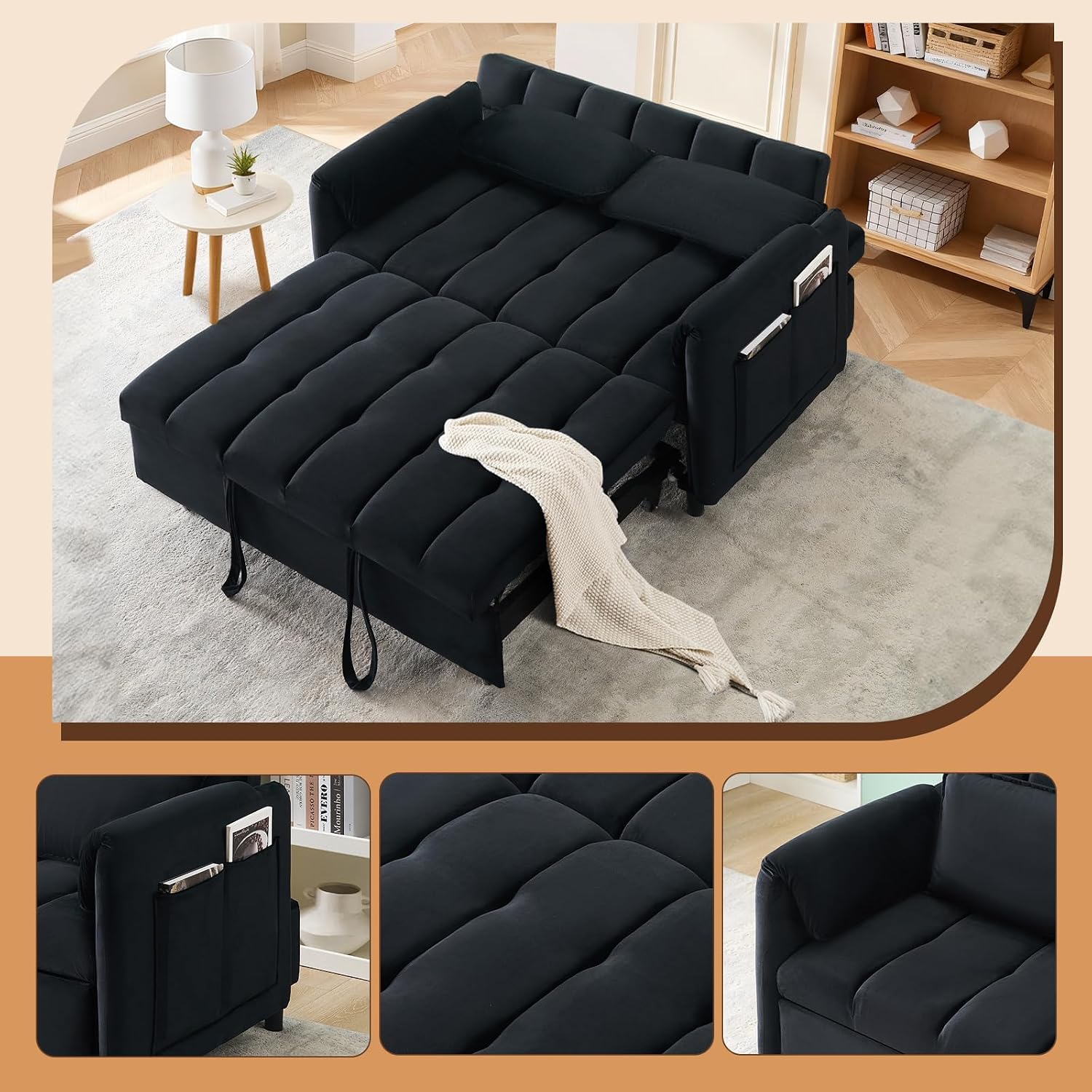 CAPCAEK 3 in 1 Convertible Sleeper Sofa Bed, Modern Velvet Loveseat Pull-Out Couch w/Pullout Bed, Small Love Seat Lounge Sofa w/Reclining Backrest,Toss Pillows, Pockets, for Living Room