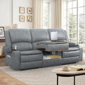 Recliner Sofa 3 Seater Sofa with Recliner, Home Theater Seating with Liftable Console & Removable Armrest, Manual PU Leather Reclining Couch with Cup Holders & USB Ports for Living Room/RV (PU,Grey)