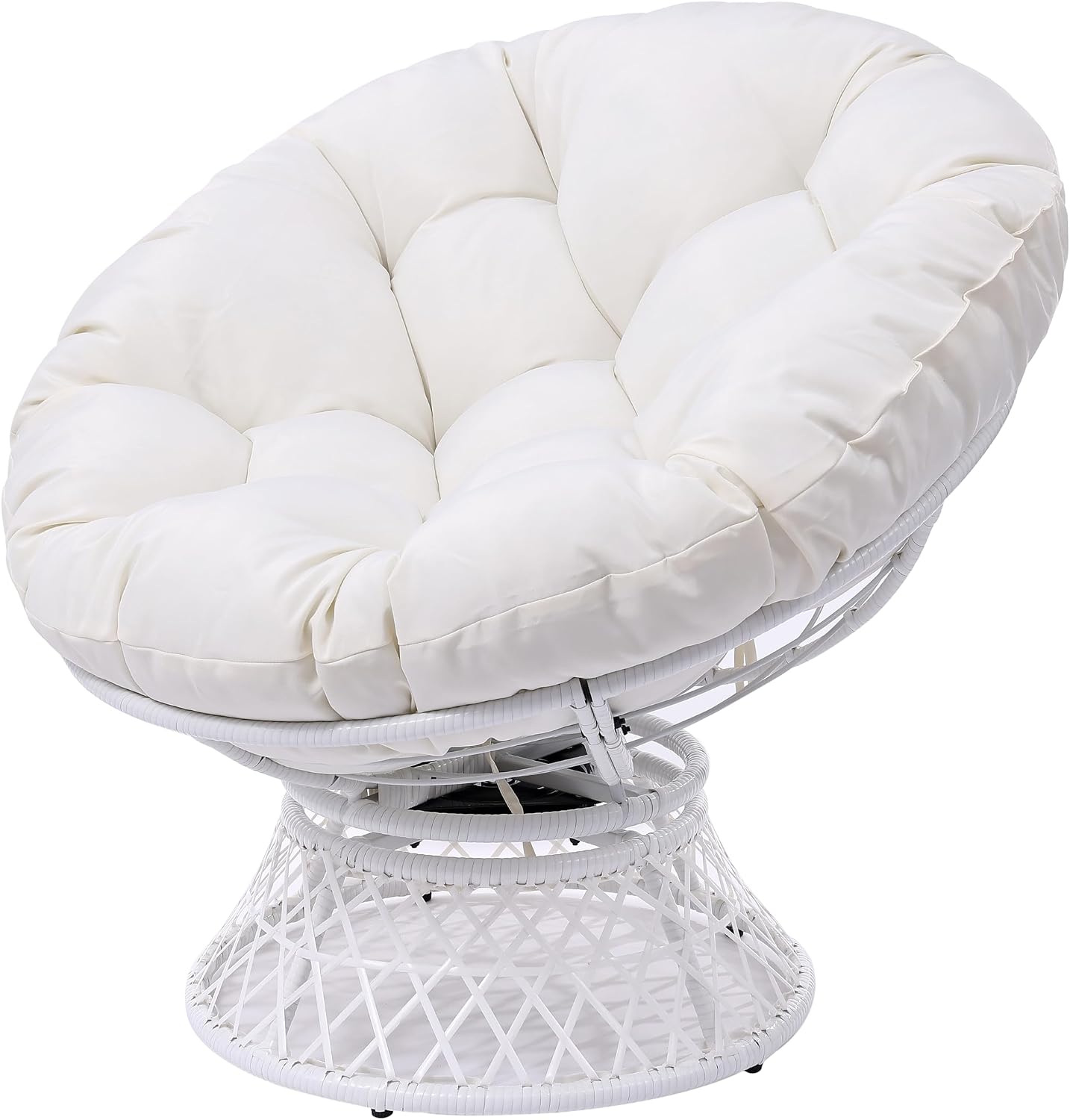 GLORY PATIO 360° Swivel Papasan Chair - 350lbs Capacity Indoor/Outdoor Wicker Lounge Chair with Thick Cushion, Modern Accent Chair for Living Room, Bedroom, Patio (White Frame & Beige Cushion)