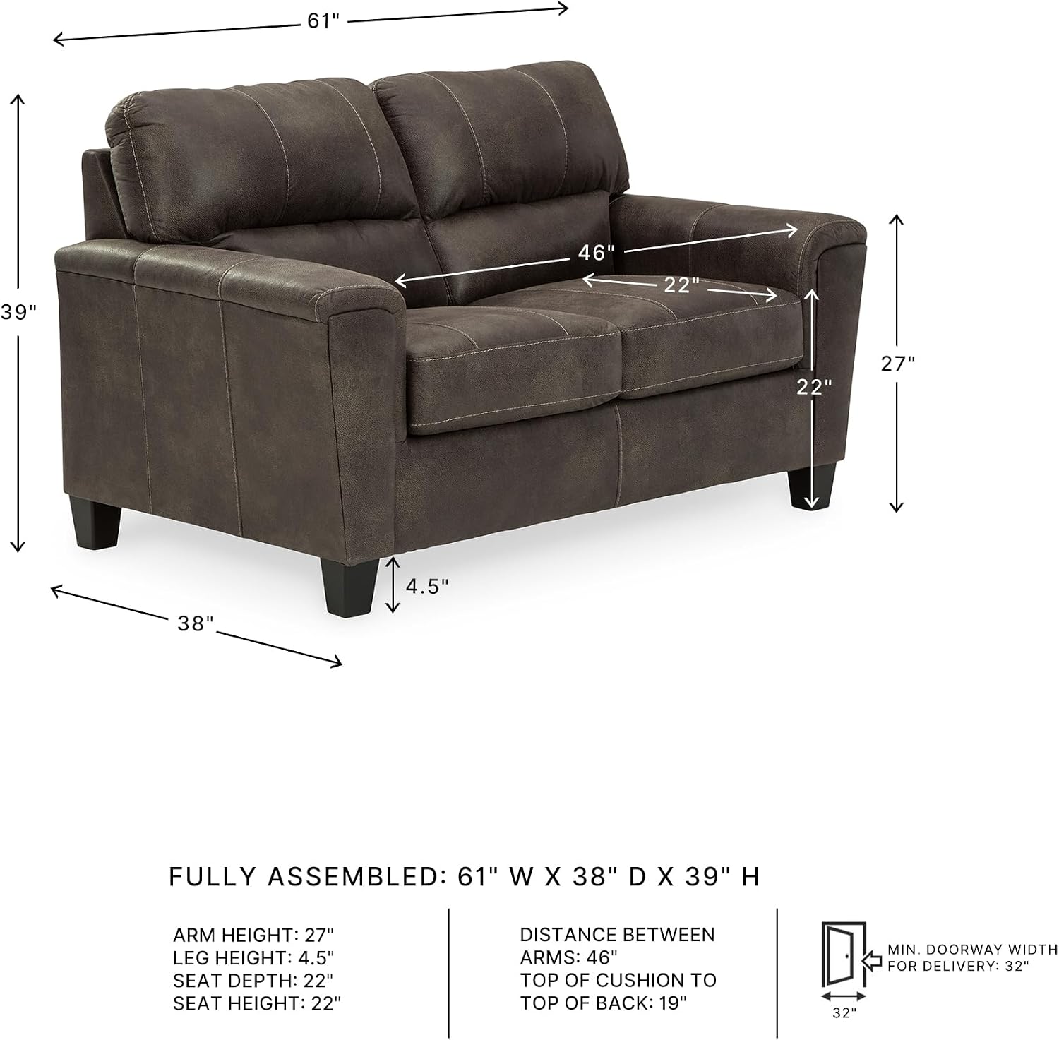Signature Design by Ashley Navi Faux Leather Modern Loveseat, Gray
