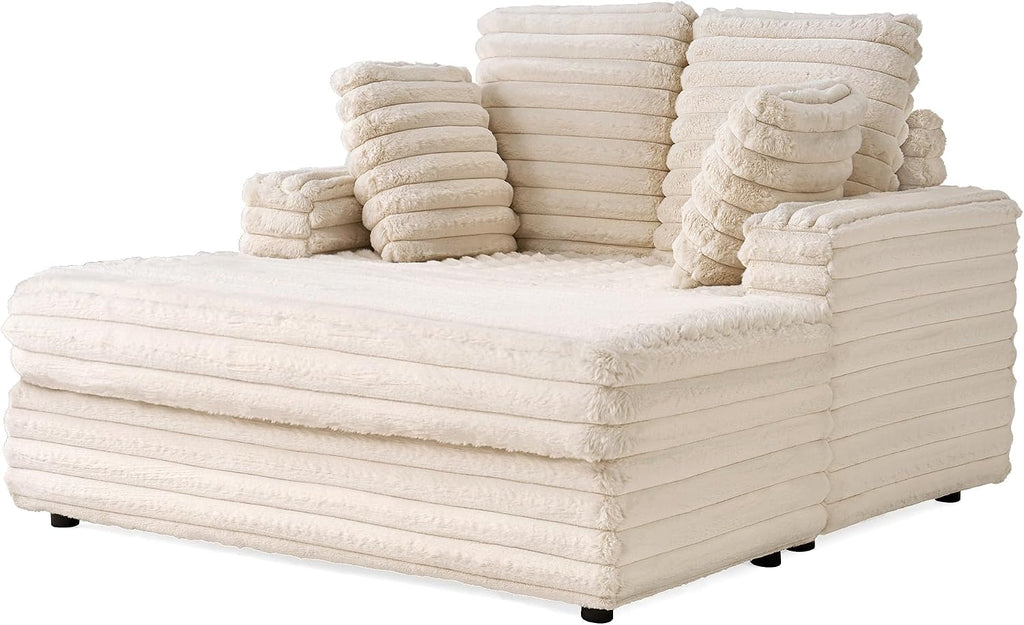 VanAcc 58 Inch Chaise Lounge Indoor, Upholstered Sofa Bed with Throw Pillows and Armrests, Sleeper Chair- Plush Chair Bed for Living Room, Off-White