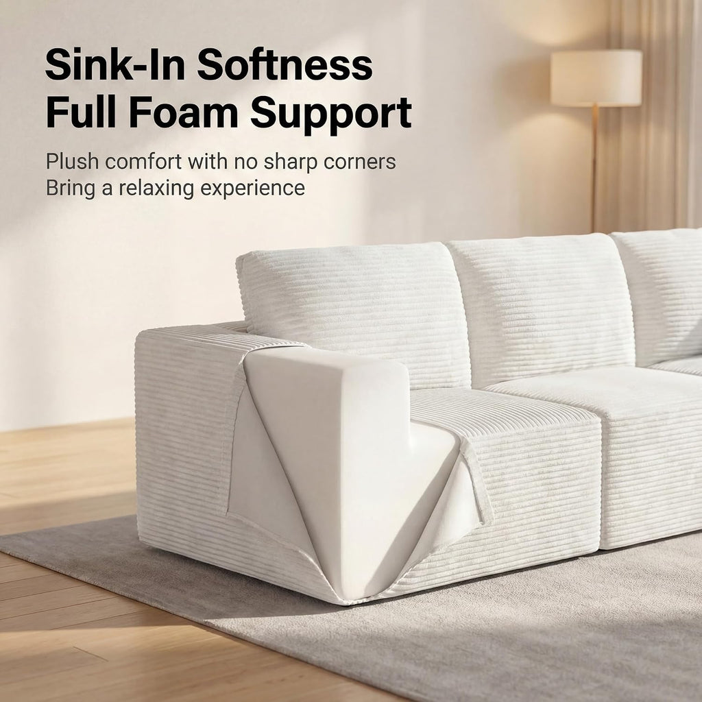 Homall Sectional Couches for Living Room, Modern Boneless Couch with Deep Seat, Upholstered Cloud Sofa, No Assembly Required (Beige, Three-Seater Sofa)