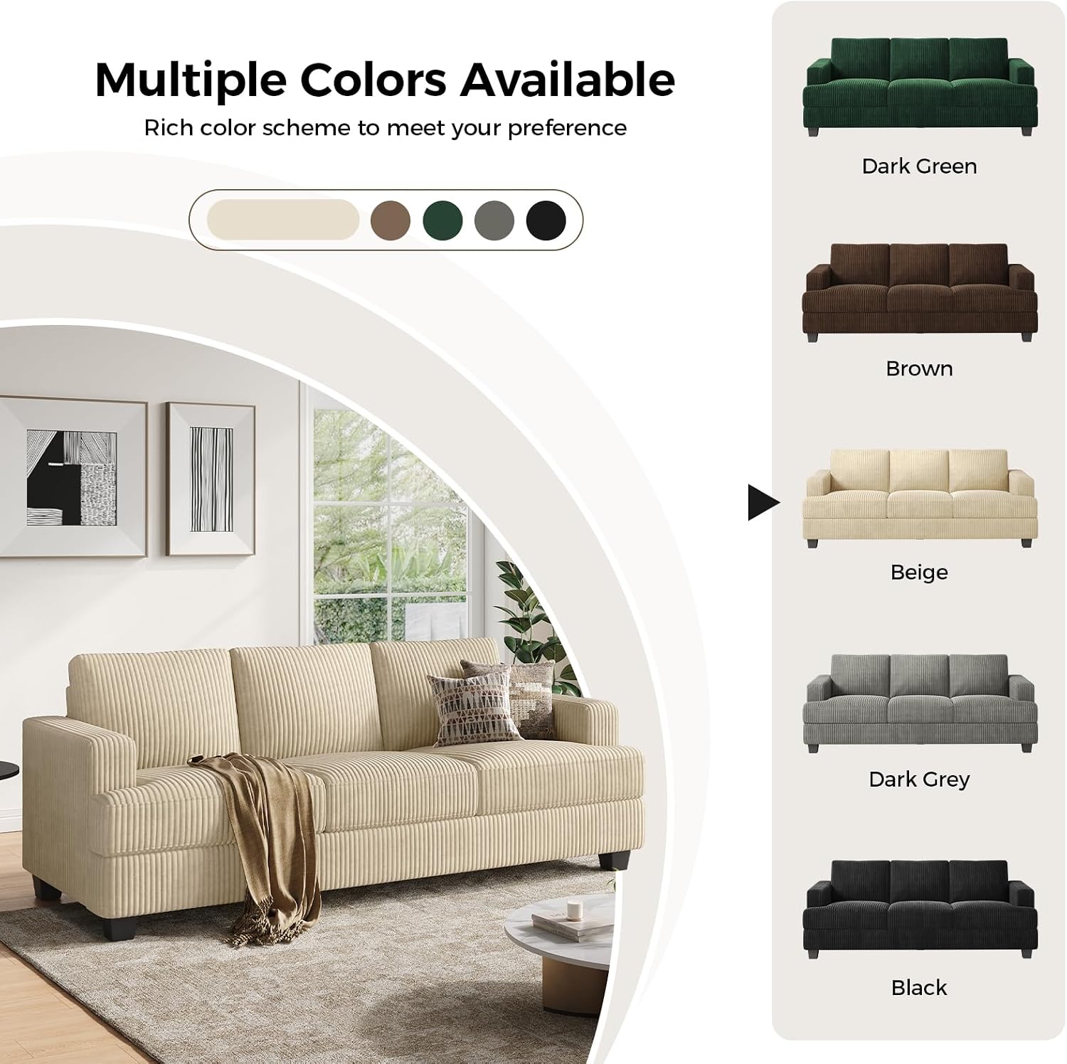COPIAE 89 Inch Sofa with Extra Deep Seats Oversize, 3 Seater Sofa for Living Room, Modern Couch and Sofa, Comfy Armrests and Seats and Backrests, Easy Installation,Wide Corduroy Fabric Beige