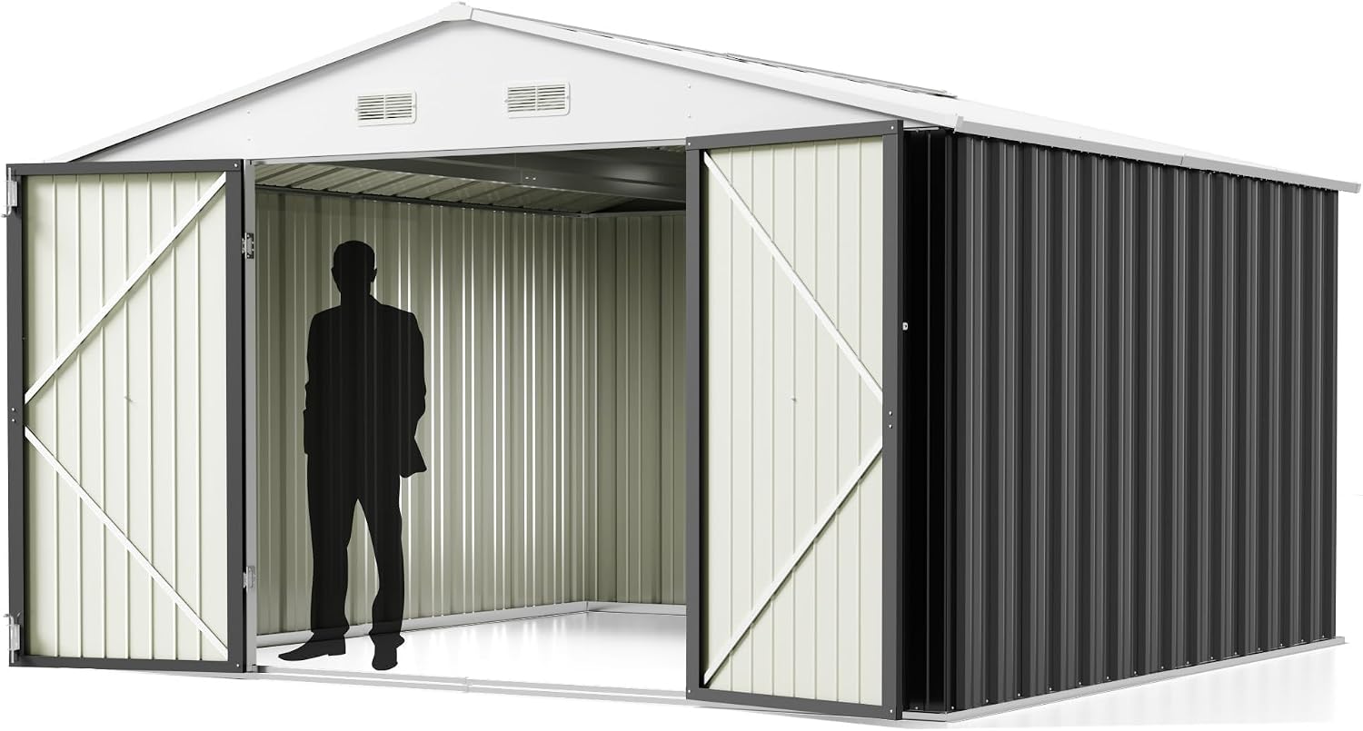 Greesum 10x10FT Outdoor Storage Shed, Utility Tool Shed Metal Storage Shed with Door & Lock for Patio Storage, Garden, Lawn, Gray