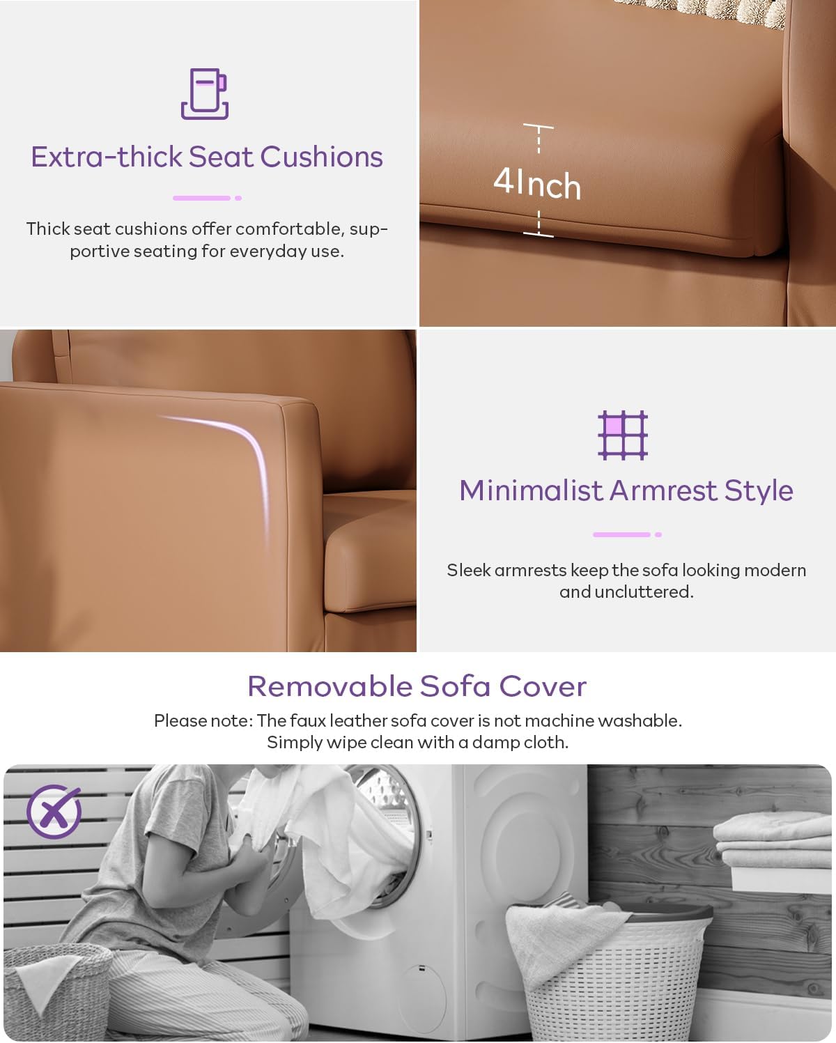 TYBOATLE Modern Faux Leather Small Couches for Small Spaces, Comfy Upholstered Brown Love Seat for Dorm, 2 Seater Mini Couch for Bedroom, Apartment, Office, Brown