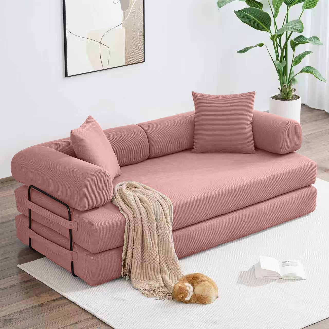 ZEIINPA 78.5 Inch Convertible Sleeper Sofa Bed, 5 in-1 Boneless Floor Couch Bed with Fixed-Shape Frame, Modular Futon Couch for Living Room, Apartments, RV Studio, Bedroom, Small Spaces, Pink
