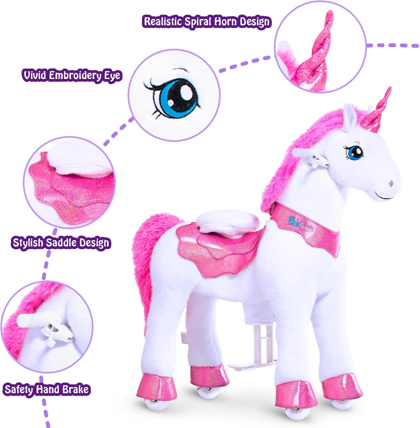 PonyCycle Unicorn Ride on Toys for Girls Horse Spirit Toys No Battery Required Size 4 for Kids Age 4-8/35.4' Height Birthday Gifts Plush Walking Animal Giddy up Riding Pony Pink E412