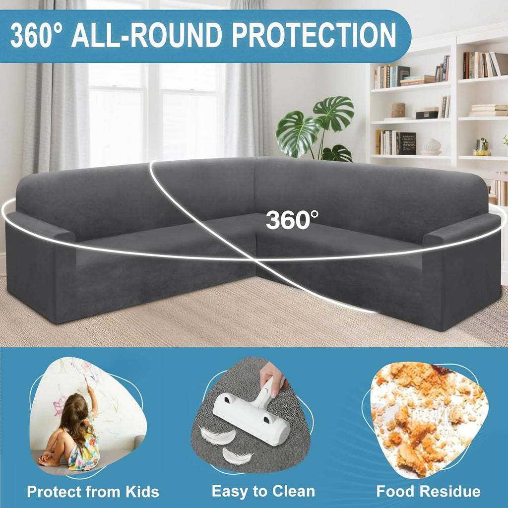 HDCAXKJ Corner Sectional Couch Covers Velvet Stretch L Shape Sofa Cover Soft Thick Sectional Slipcovers Set U Shaped Living Room Non Slip Magic Furniture Protector for Pet Dogs (Dark Gray, Medium)