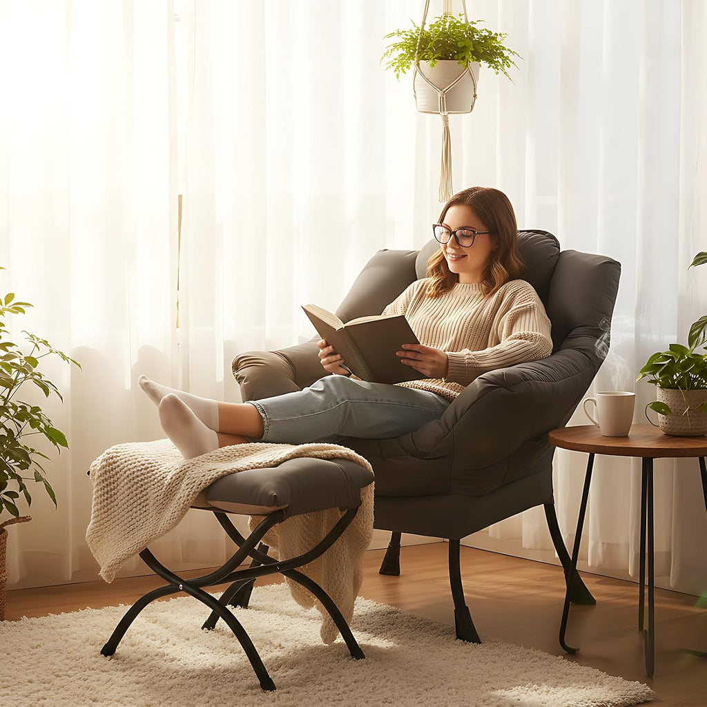 MBOOYOME Lazy Chair with Ottoman, Modern Accent Lounge Armchair with Armrests and a Side Pocket & Foldable Footstool, Leisure Reading Chair for Living Room, Bedroom, Dorm & Office, Dark Grey