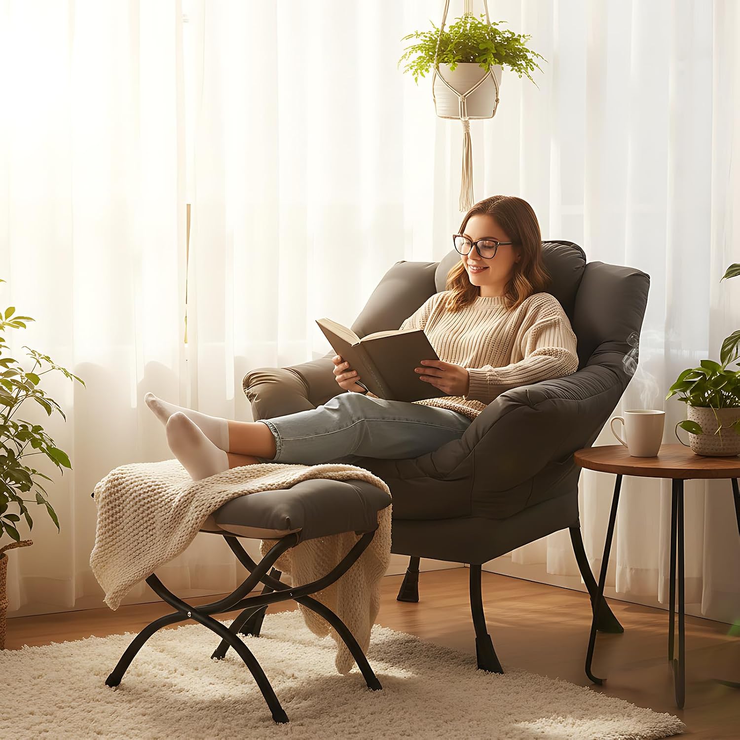 MBOOYOME Lazy Chair with Ottoman, Modern Accent Lounge Armchair with Armrests and a Side Pocket & Foldable Footstool, Leisure Reading Chair for Living Room, Bedroom, Dorm & Office, Dark Grey