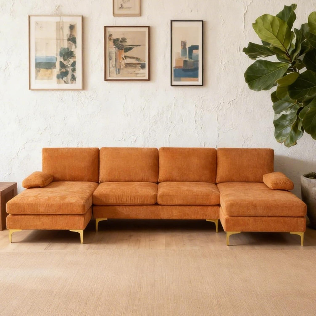 Karl home Convertible Sectional Sofa 110' U-Shape Sofa Couch 4-Seat Couch with Chaise ChenilleFabric Upholstered for Living Room, Apartment, Office, Orange