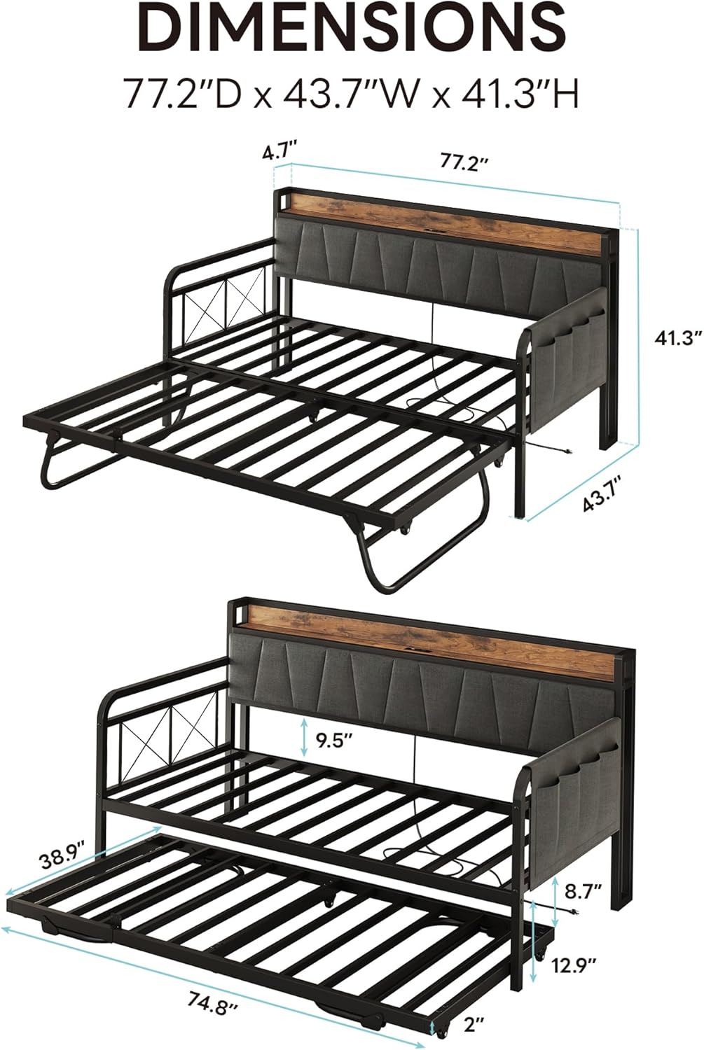 LIKIMIO Twin Daybed, Day Bed with Trundle, Storage Upholstered Headboard and Charging Station, Trundle Bed with Strong Supports for Living Room, Bedroom, and Guest Room, Grey