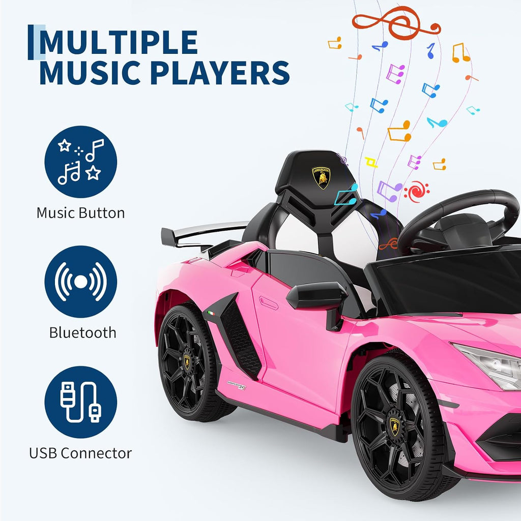 Garvee 12V Kids Electric Car with Remote Control, LED Lights & Sound System - Licensed Lamborghini Battery Powered Ride-On Toy for Boys & Girls (Pink)