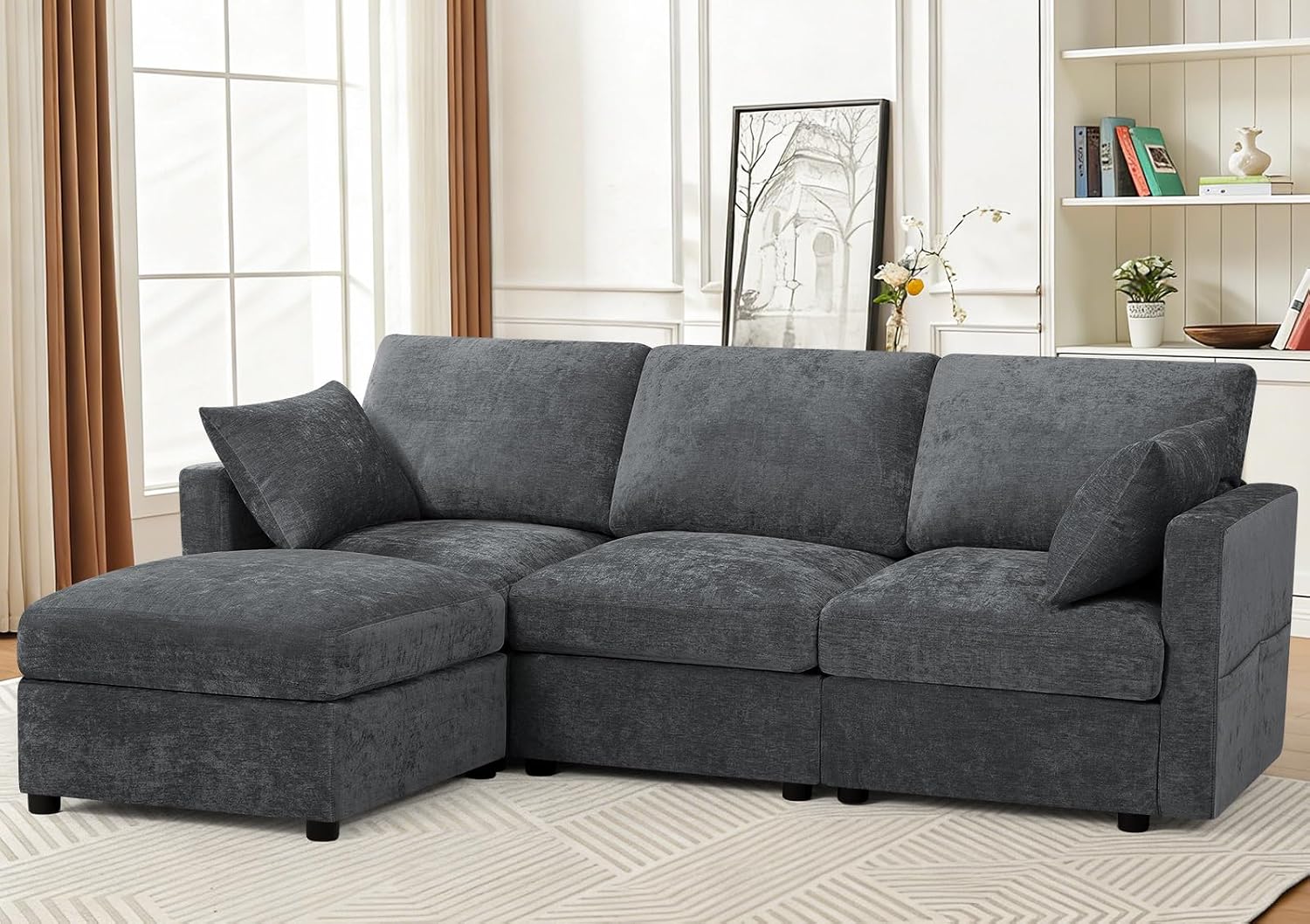84' Chenille 3-Seats Sofa W/Movable Ottoman, Modern Fabric L-Shaped Couch w/Soft Backrests, Upholstered Sectional Sofa w/Arm Pillows for Living Room, Office, Grey