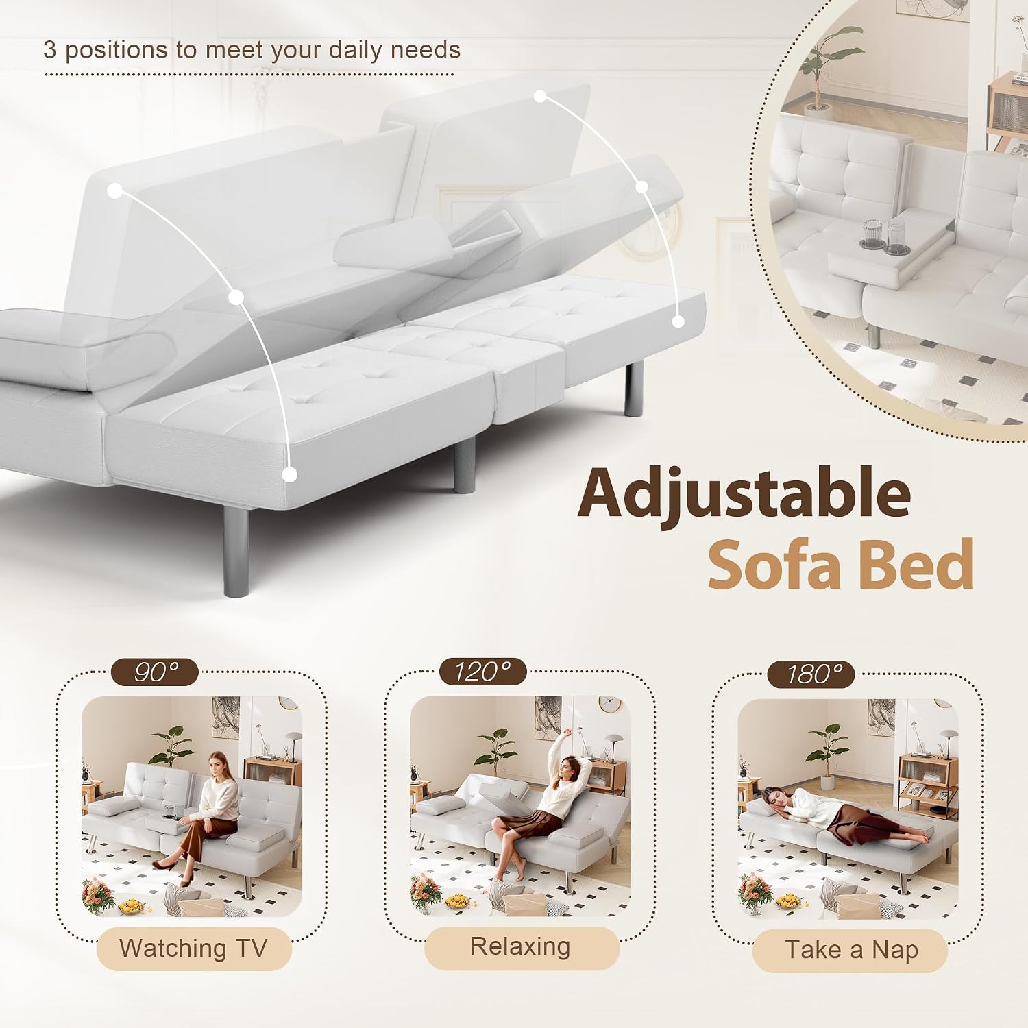 Shahoo Convertible Folding Futon Sofa Bed Sleeper Couch for Living Room Faux Leather Upholstered Loveseat w/Removable Armrests, Metal Legs, 2 Cup Holders, White