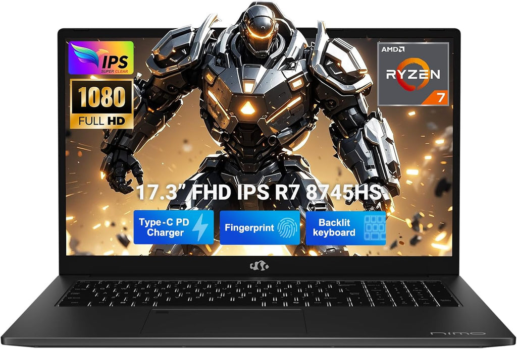 NIMO 17.3' Light-Gaming-Laptop, AMD Ryzen 7 8745HS 8-Core up to 4.9GHz, 64GB DDR5 RAM 1TB SSD, Radeon 780M Graphics, FHD IPS Display, 100W USB-C Fast Charger, Backlit Keyboard, Fingerprint, USB 4.0