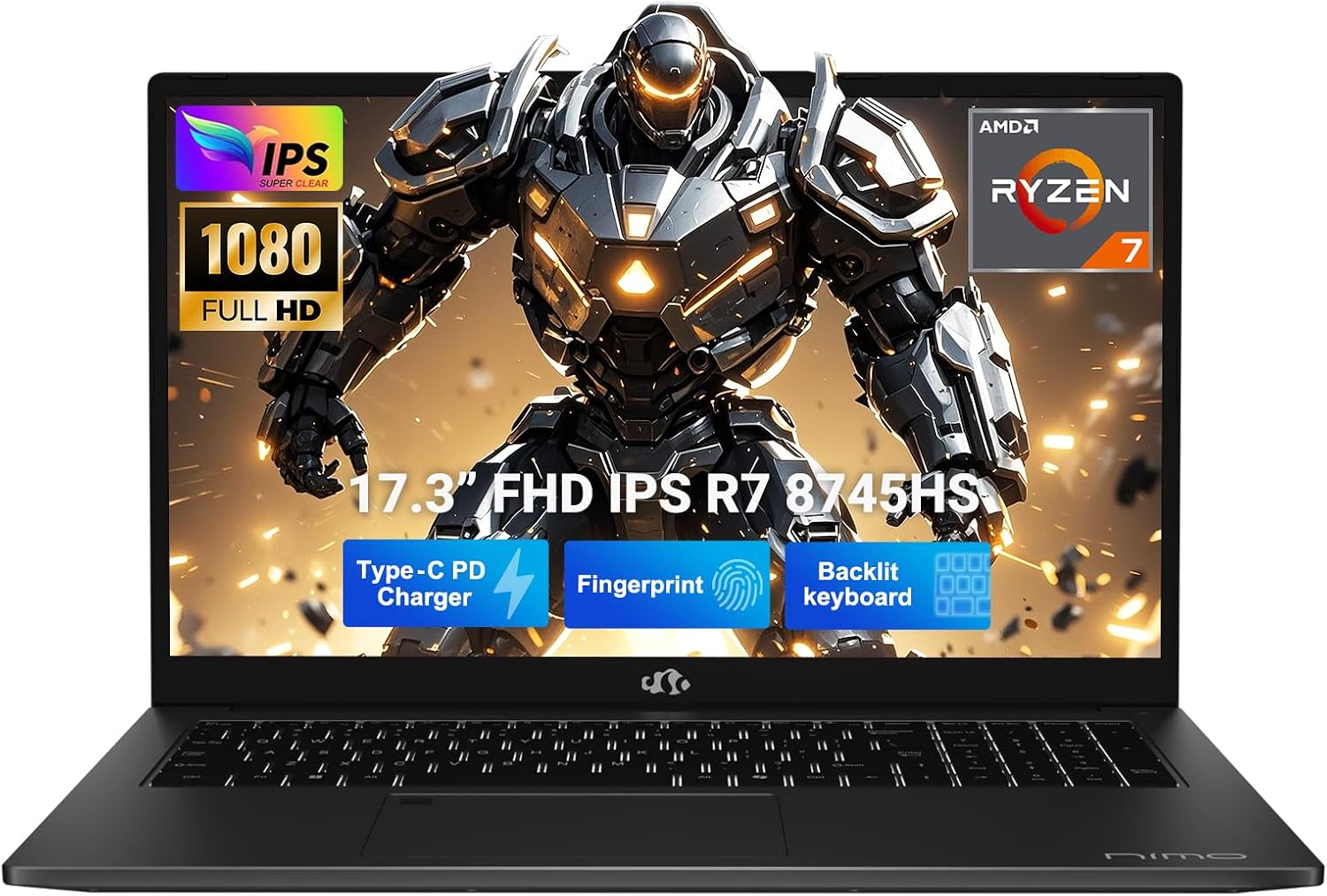 NIMO 17.3' Light-Gaming-Laptop, AMD Ryzen 7 8745HS 8-Core up to 4.9GHz, 64GB DDR5 RAM 1TB SSD, Radeon 780M Graphics, FHD IPS Display, 100W USB-C Fast Charger, Backlit Keyboard, Fingerprint, USB 4.0