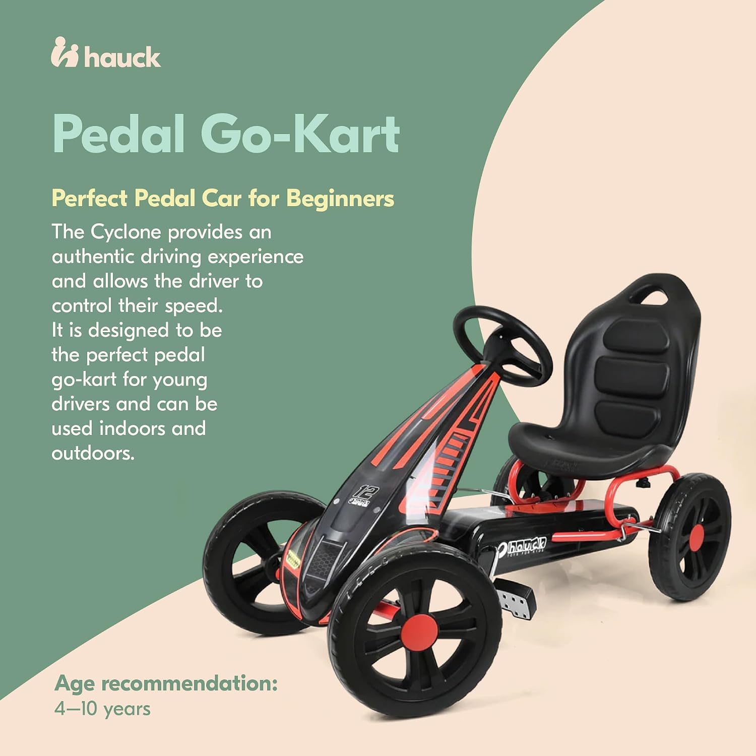 hauck Cyclone Pedal Go Kart with Adjustable Bucket Seat, 12 Inch EVA Foam Plastic Wheels, Handbrake for Rear Wheels - Ride On Toy for Kids 4-10 Years