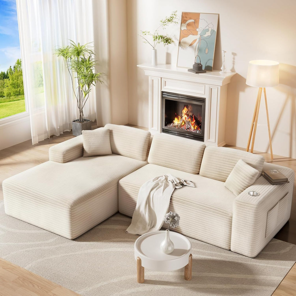 CAMMOO 108' Cloud Sectional Couch in One Box, Compressed Modular Sectional Sofa with Deep Seat, Corduroy Boneless Couches, L-Shaped Sofa for Living Room, 4 Storage Pockets(Left Facing Chaise, Beige)