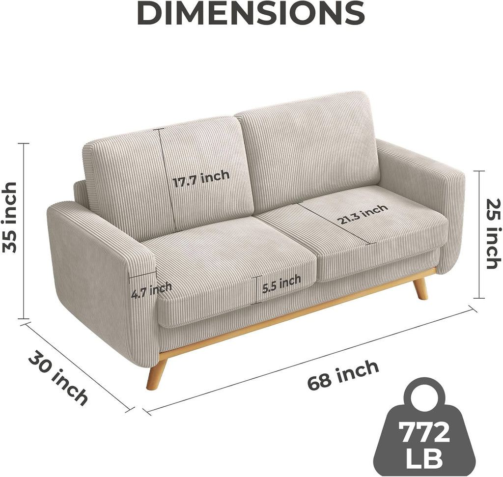 Vesgantti 68' Loveseat Sofa Light Grey, Comfy Corduroy Couch with Spring Cushion and Solid Wood, Modern Deep Seat for Bedroom, Living Room, Office