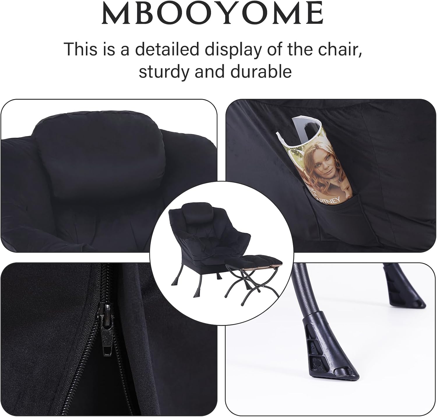 MBOOYOME Lazy Chair with Folding Ottoman, Modern Accent Lounge Armchair with Armrests, a Side Pocket & Foldable Footstool, Leisure Reading Chair for Living Room, Bedroom, Dorm & Office, Velvet Black