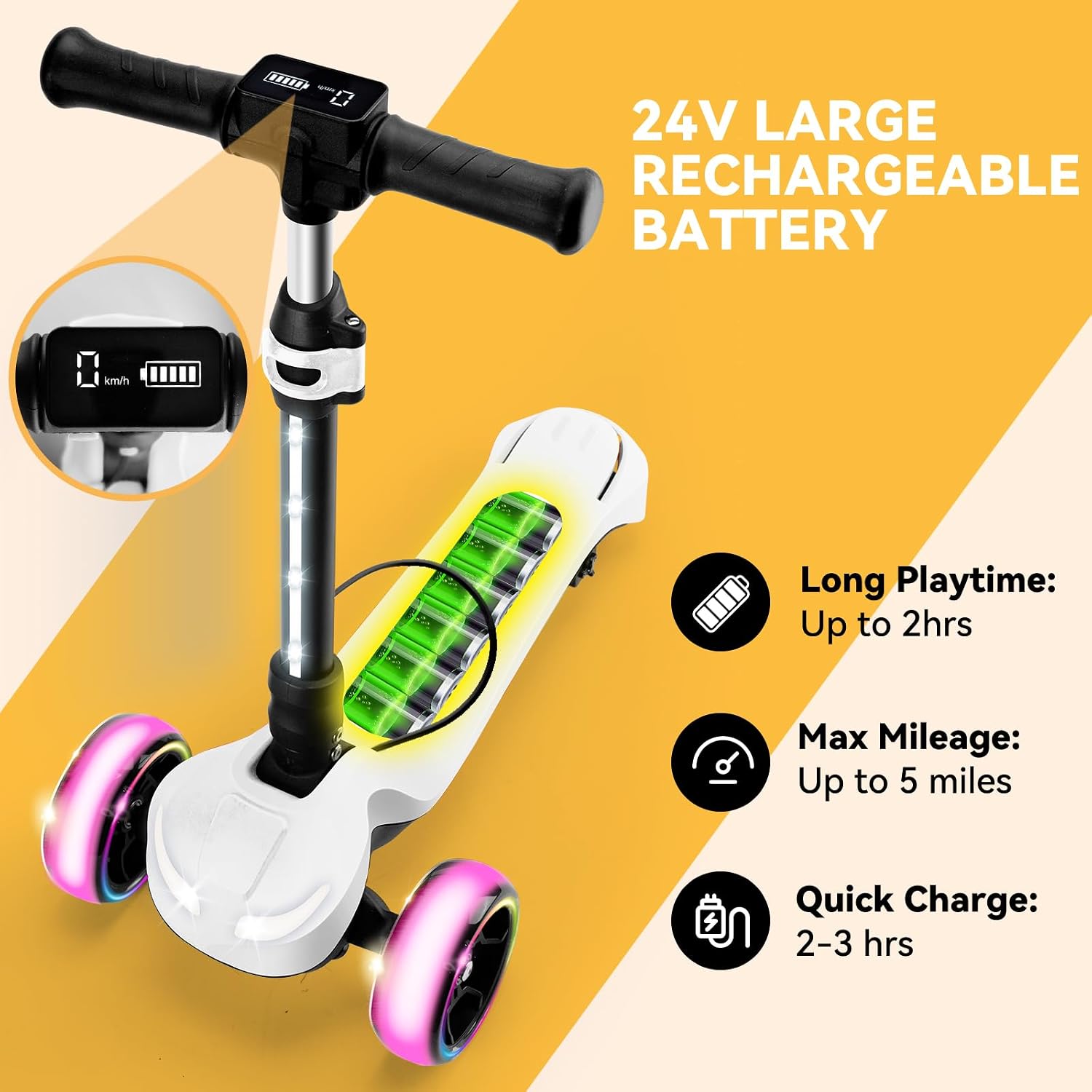24V Electric Scooter for Kids w/150W Powerful Motor, Thumb Throttle, LCD Screen, Bluetooth, Light-Up Stem Deck & Wheels, 3 Adjustable Heights, 5MPH Safe Speed, 3 Wheel Electric Scooter for Kids