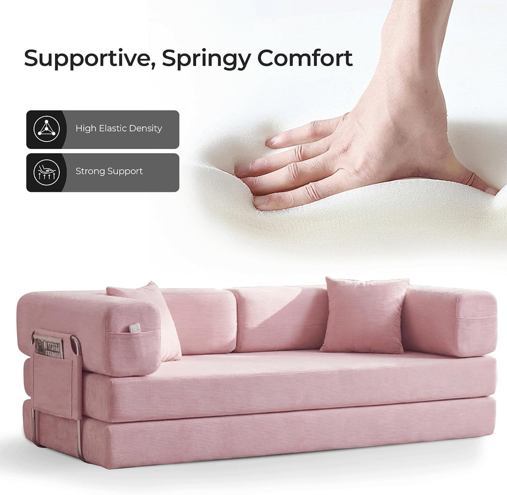 79' Convertible Sofa Bed with Pillows, Corduroy Folding Sleeper Sofa with Fixed-Shape Frame, Boneless Couch for Living Room Bedroom, Floor Sofa Lounge No Assembly Required (A - Style - Pink)