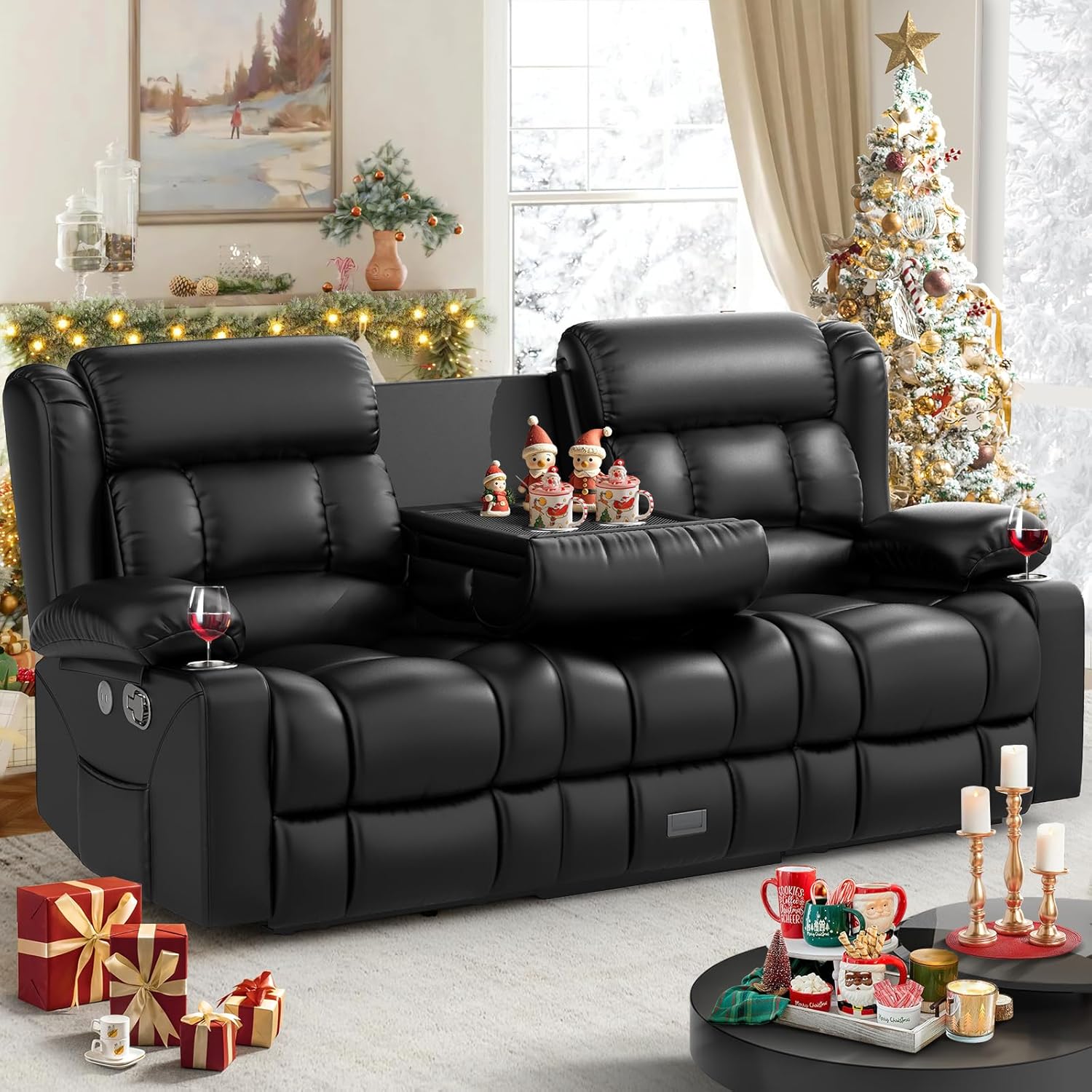 Dresegmt Loveseat Recliner Sofa, Flip Middle Backrest Design PU Leather 3 Seat Reclining Sofa with Storage Drawer, Manual Couch for Living Room/RV (Black, PU)