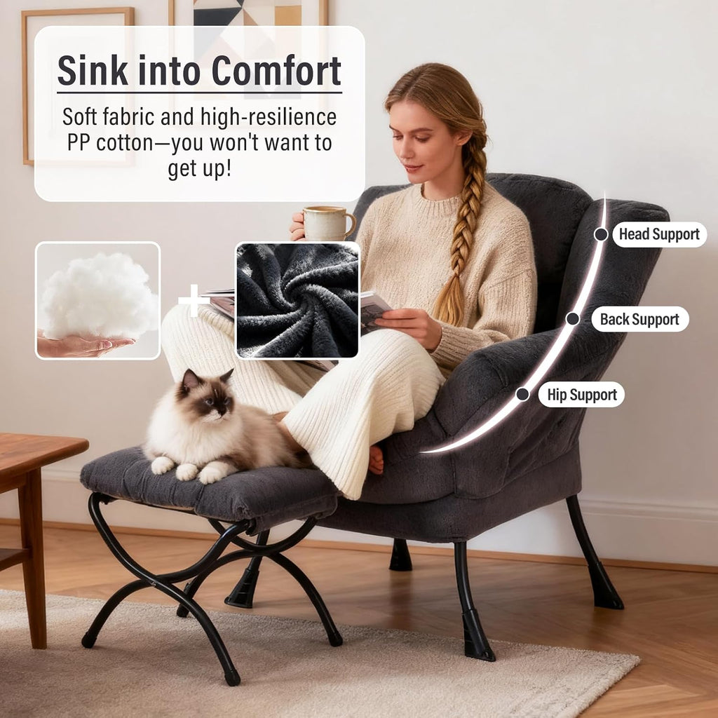 Furlide Lazy Chair with Ottoman, Modern Accent Chair with Armrests and a Side Pocket, Plush Navy Accent Chairs, Reading Chairs, Oversized Armchairs for Bedroom, Study, Living Room, Courtyard