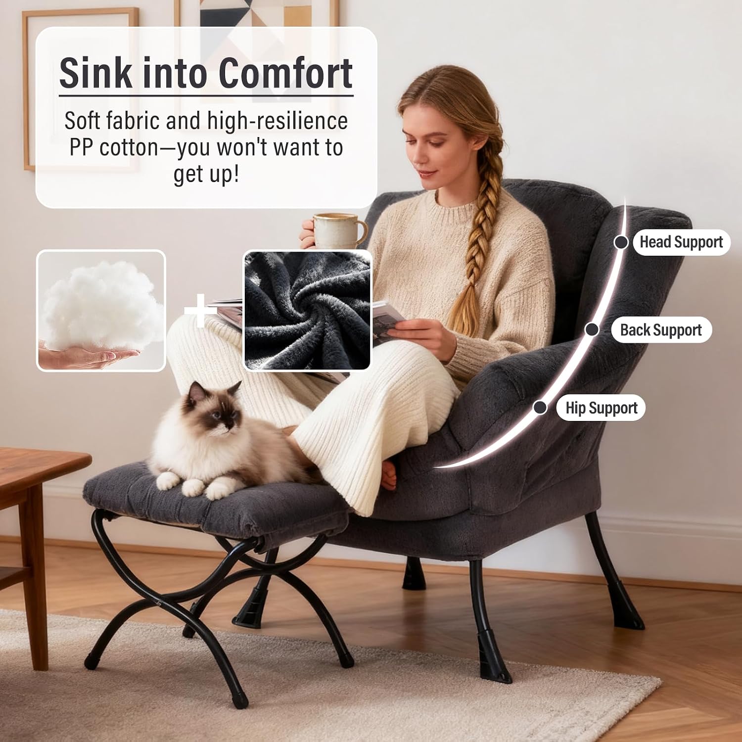 Furlide Lazy Chair with Ottoman, Modern Accent Chair with Armrests and a Side Pocket, Plush Navy Accent Chairs, Reading Chairs, Oversized Armchairs for Bedroom, Study, Living Room, Courtyard