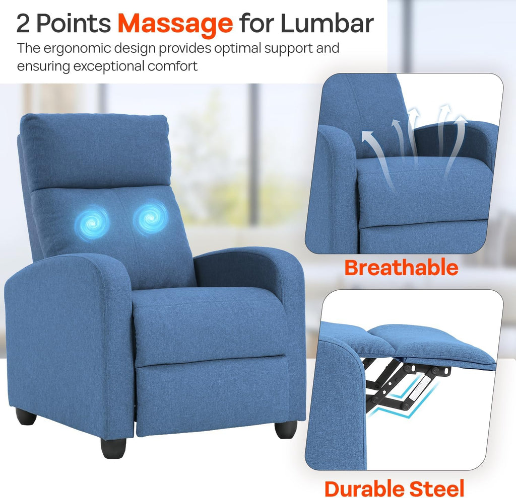 FDW Recliner Chair Massage Chair Reading Chair Reclining Sofa Home Theater Seating with Lumbar Support Massage and Padded Backrest for Living Room and Bedroom (Textile, Blue)