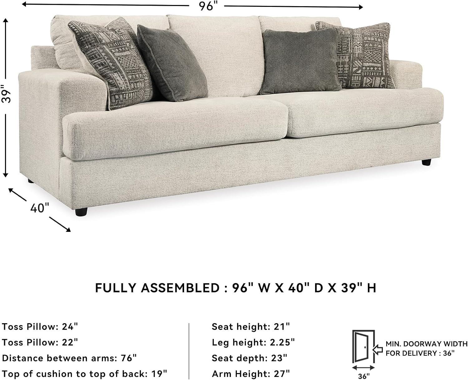Signature Design by Ashley Soletren Contemporary Chenille Sofa with 4 Accent Pillows, Off-White