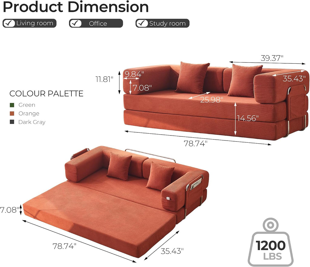 79' Convertible Sofa Bed with Pillows, Corduroy Folding Sleeper Sofa with Fixed-Shape Frame, Boneless Couch for Living Room Bedroom, Floor Sofa Lounge No Assembly Required (A - Style-Orange)