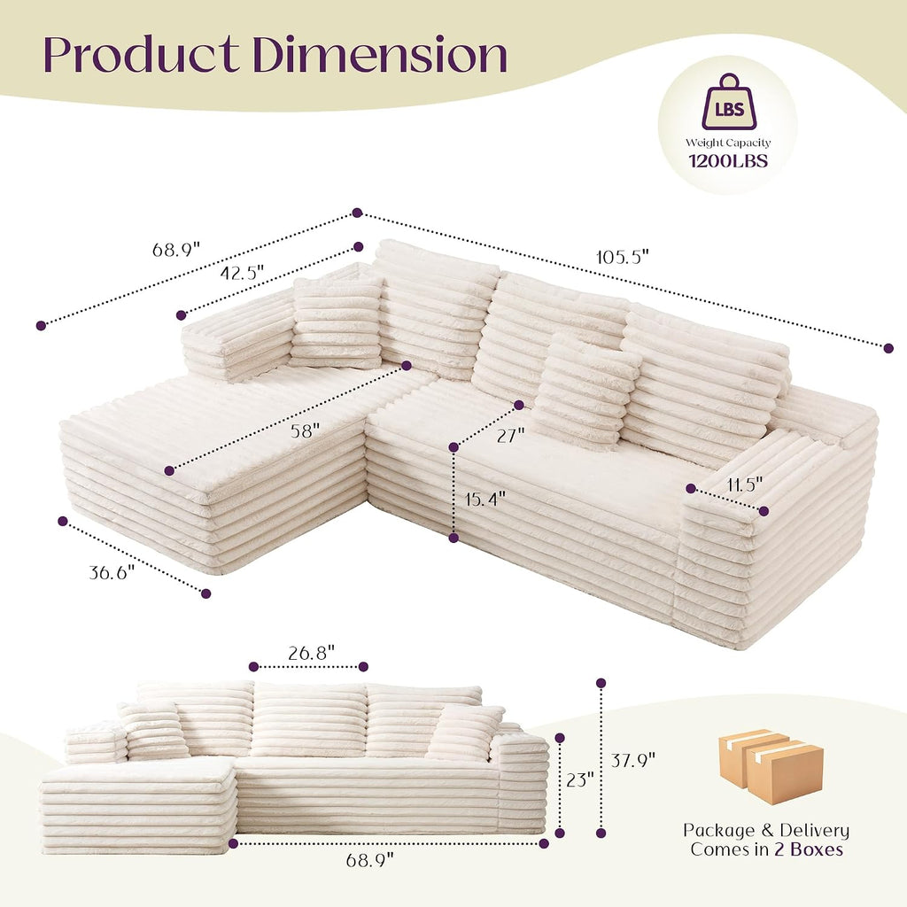 VanAcc 106' Oversized Modular Sectional Sofa, Deep Seat Cloud Couch with Corduroy Upholstery, L Shaped Boneless Sofas, Easy No-Assembly Lounge Couches for Living Room, Cream