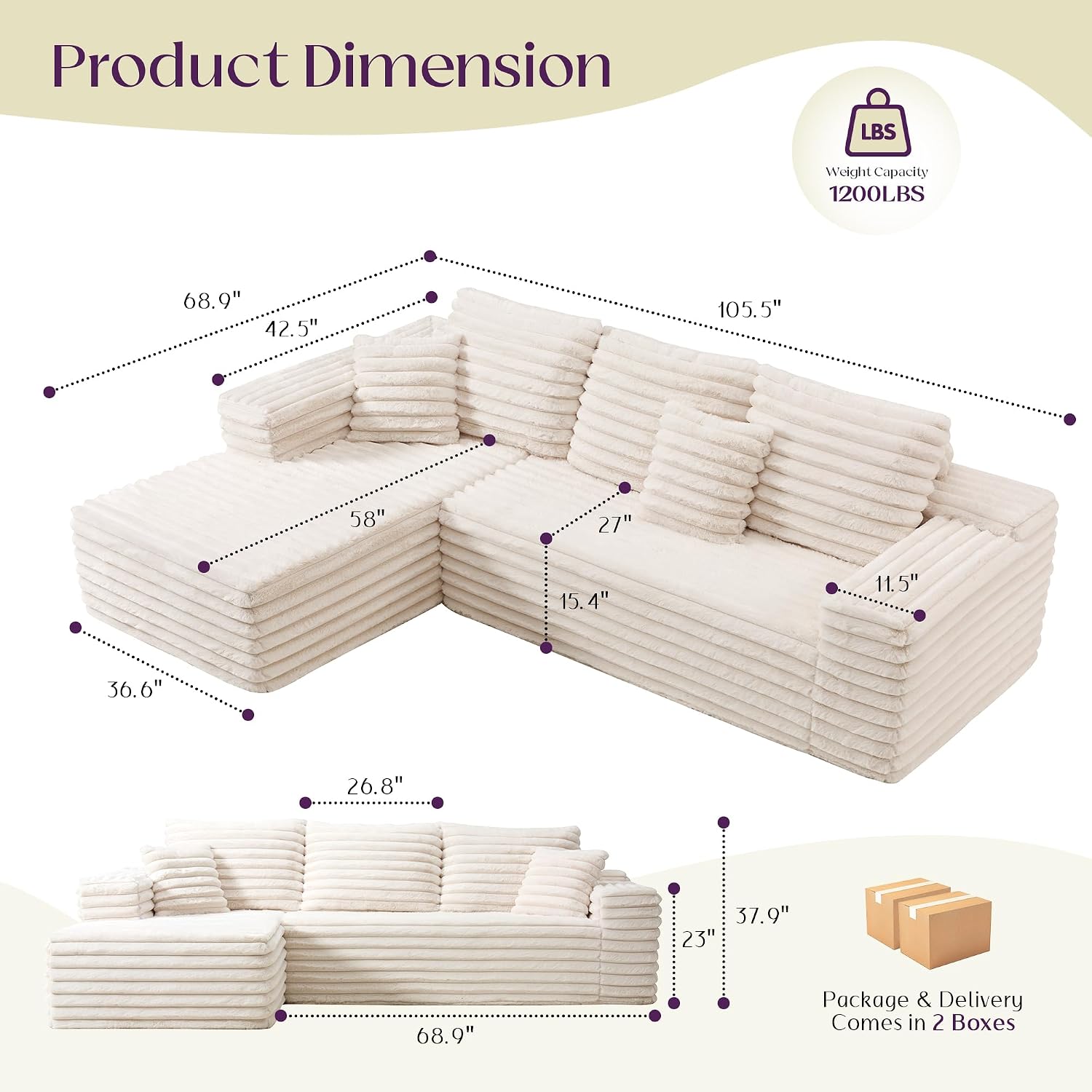 VanAcc 106' Oversized Modular Sectional Sofa, Deep Seat Cloud Couch with Corduroy Upholstery, L Shaped Boneless Sofas, Easy No-Assembly Lounge Couches for Living Room, Cream