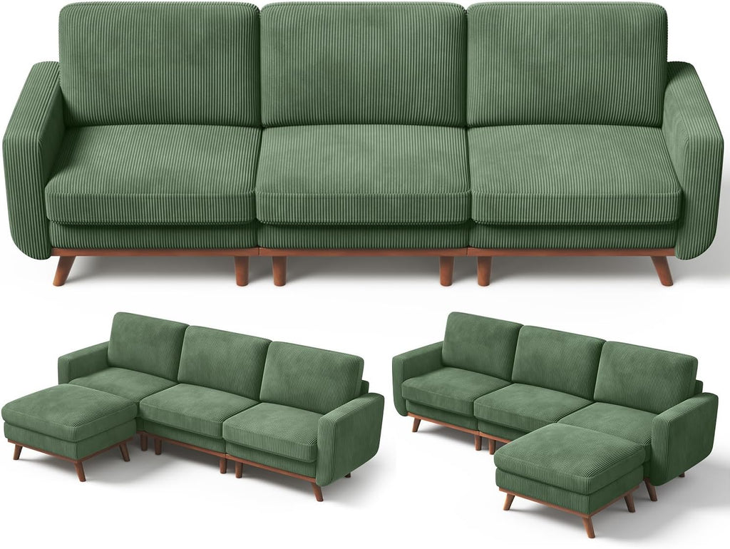 Vesgantti 97' L-Shape Modular Sofa, 3-Seat Corduroy Couch with Movable Ottoman, Sectional Sofa for Living Room, Green