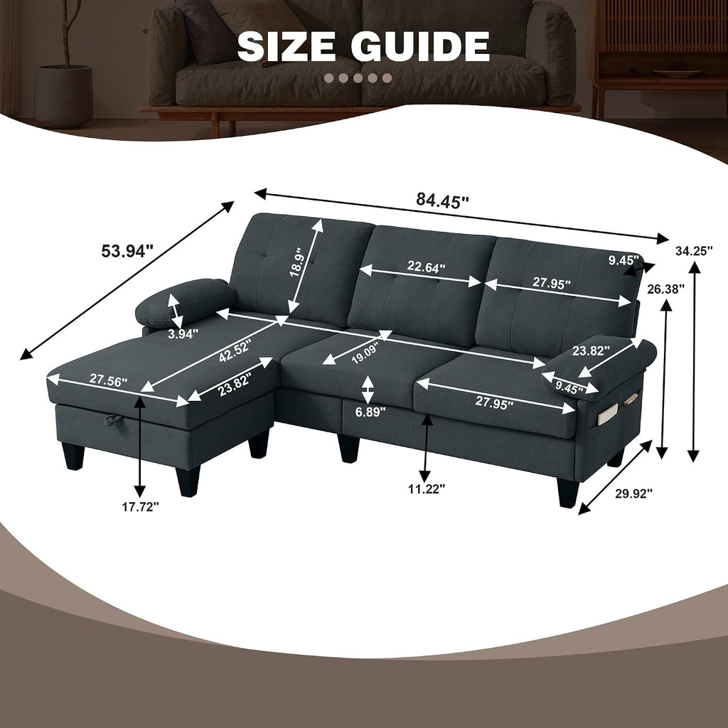 84' Sectional Sofa with Chaise, L Shape 3-Seat Couch with Storage Movable Ottoman, Polyster Fabric for Living Room,Apartment and Small Space, Dark Grey