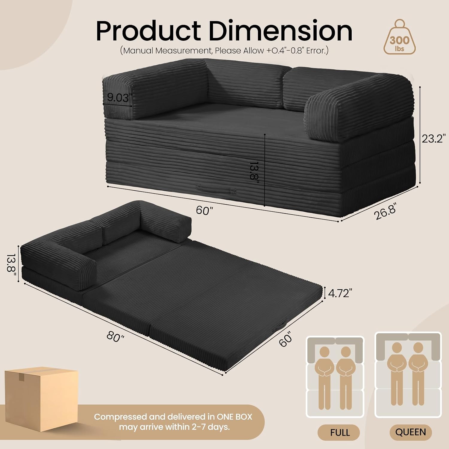 Tri-Fold Foldable Mattress, Convertible Folding Sofa Bed with Removable Arms & Washable Cover, All-in-One Portable Mattress Floor Sofa Bed, No Assembly Required & Non-Slip, Queen Size, Black