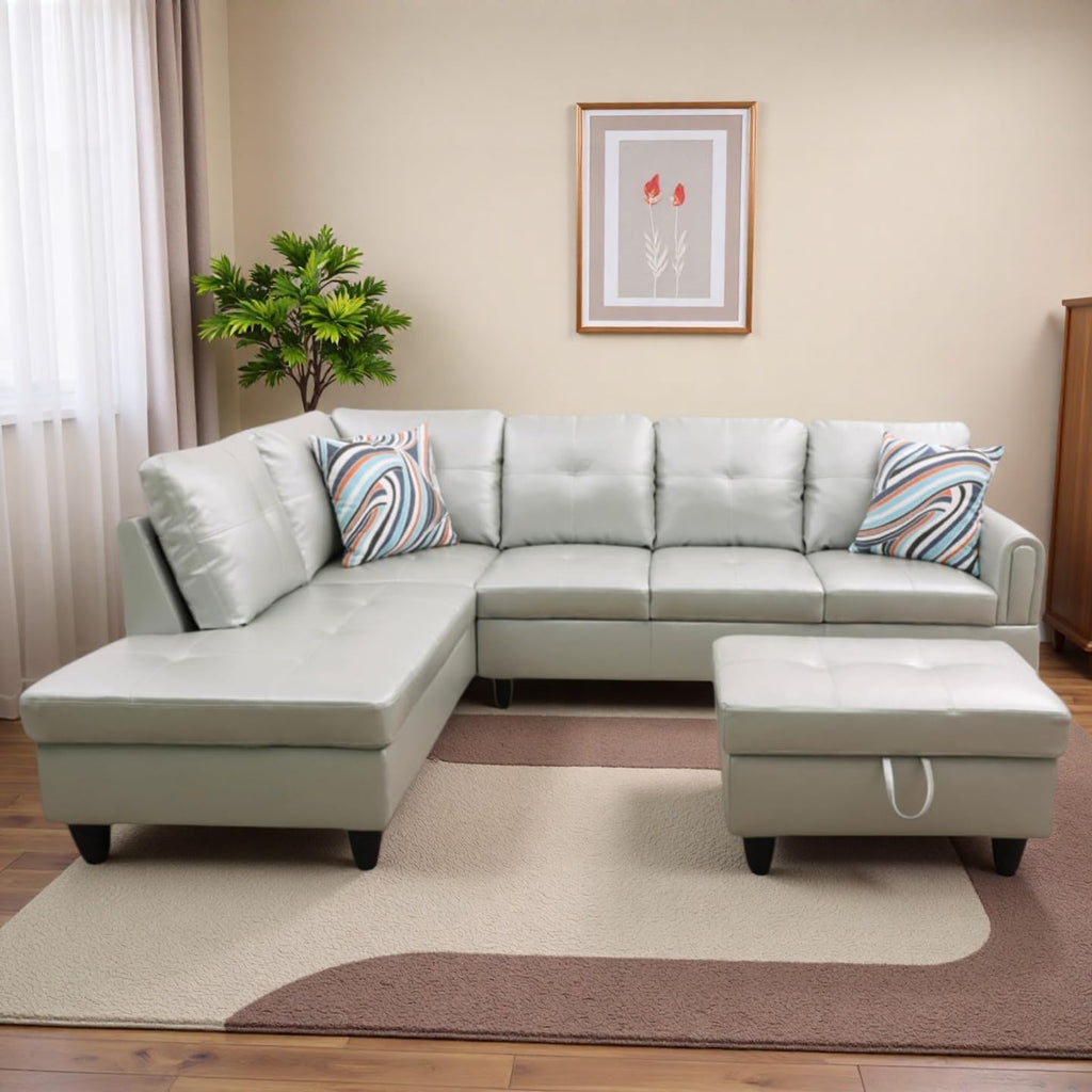 L Shaped Couch Sectional Couches with Chaise and Storage Ottoman, 3 Pieces Modular Convertible Sofa for Living Room Furniture Sets and Small Apartment Faux Leather, Silver Green