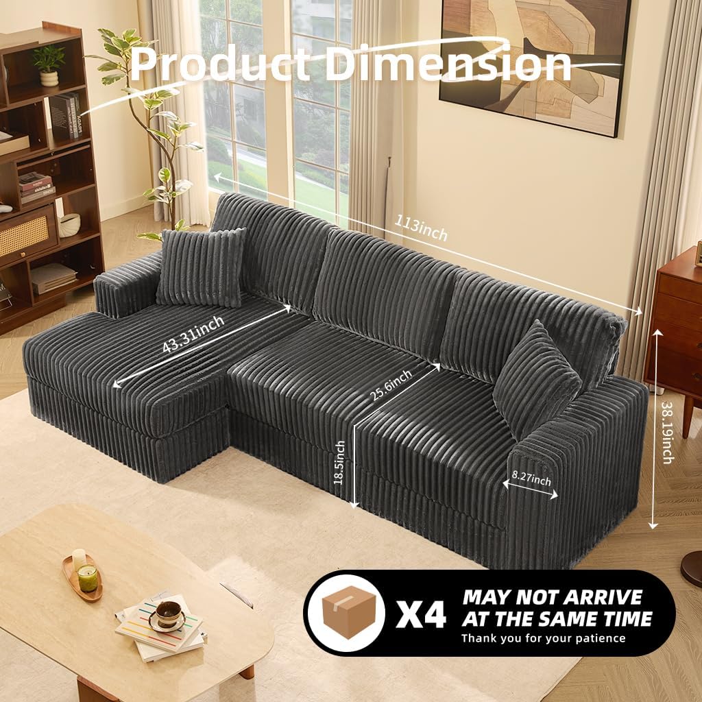 Cloud Couch 113' L-Shaped Couch (Not Boneless), 3-Seater Modular Sectional Couch, Queen Sofa with Corduroy Upholstery, Deep Seats, High Backrest & Pocket Spring Cushions, Left Facing Chaise, Grey