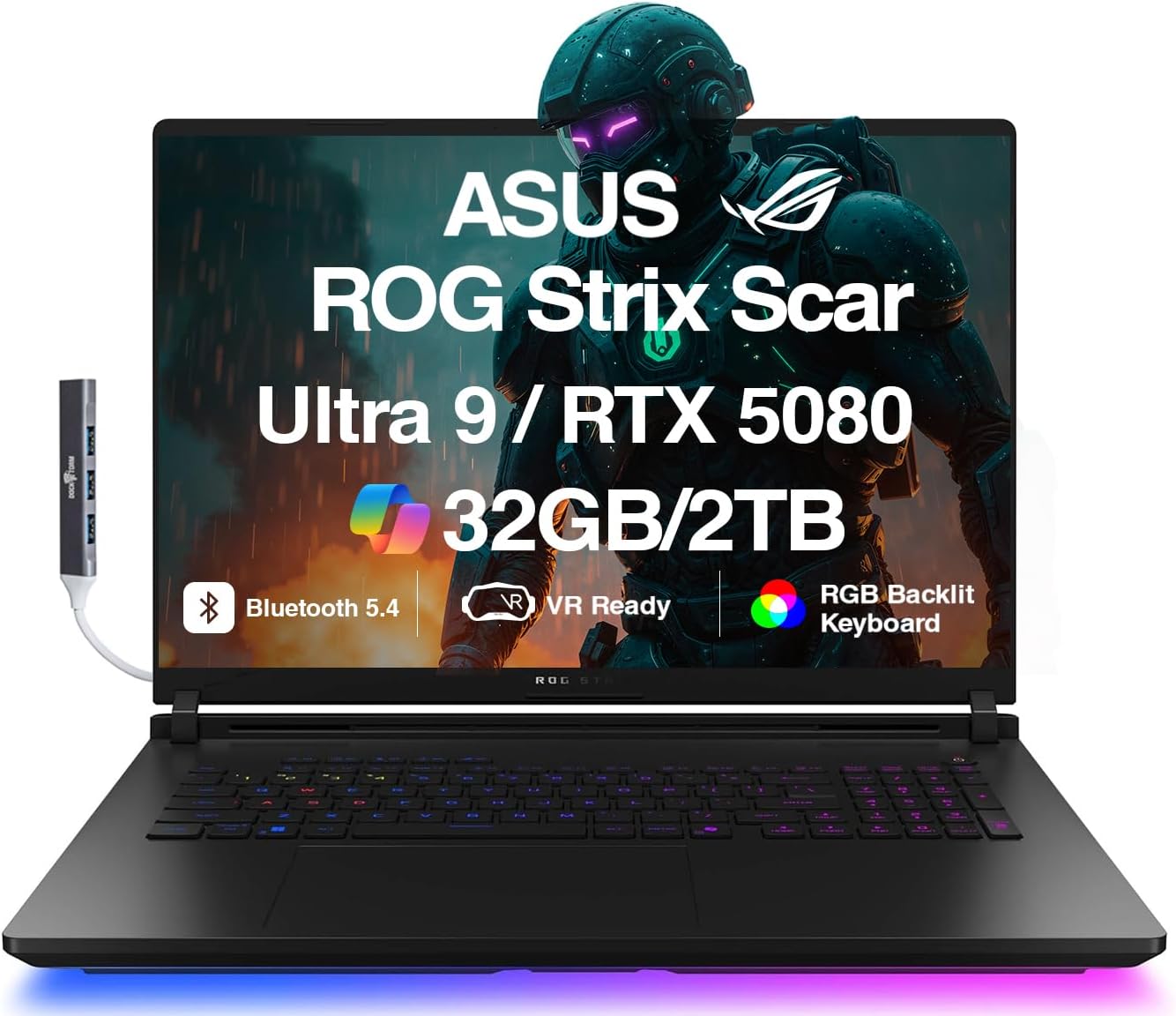 ASUS ROG Strix Scar AI Gaming Laptop 18' 240Hz Mini LED WQXGA Display (Intel Ultra 9-275HX, GeForce RTX 5080 16GB, 32GB DDR5, 2TB SSD, RGB KB, Win 11 Pro) w/DKZ USB Port Expander