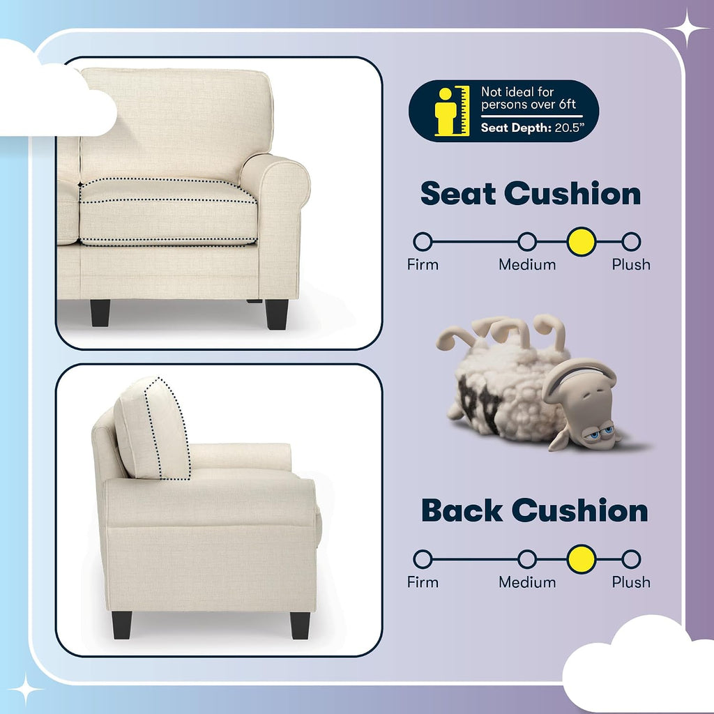 Serta Copenhagen Small Loveseat Sofa, 61 Inch Couch with Rolled Arms, Pocket Coil Seat Cushions, Removable Covers, Easy Care Polyester Upholstery for Living Room, Bedroom or Office, Buttercream