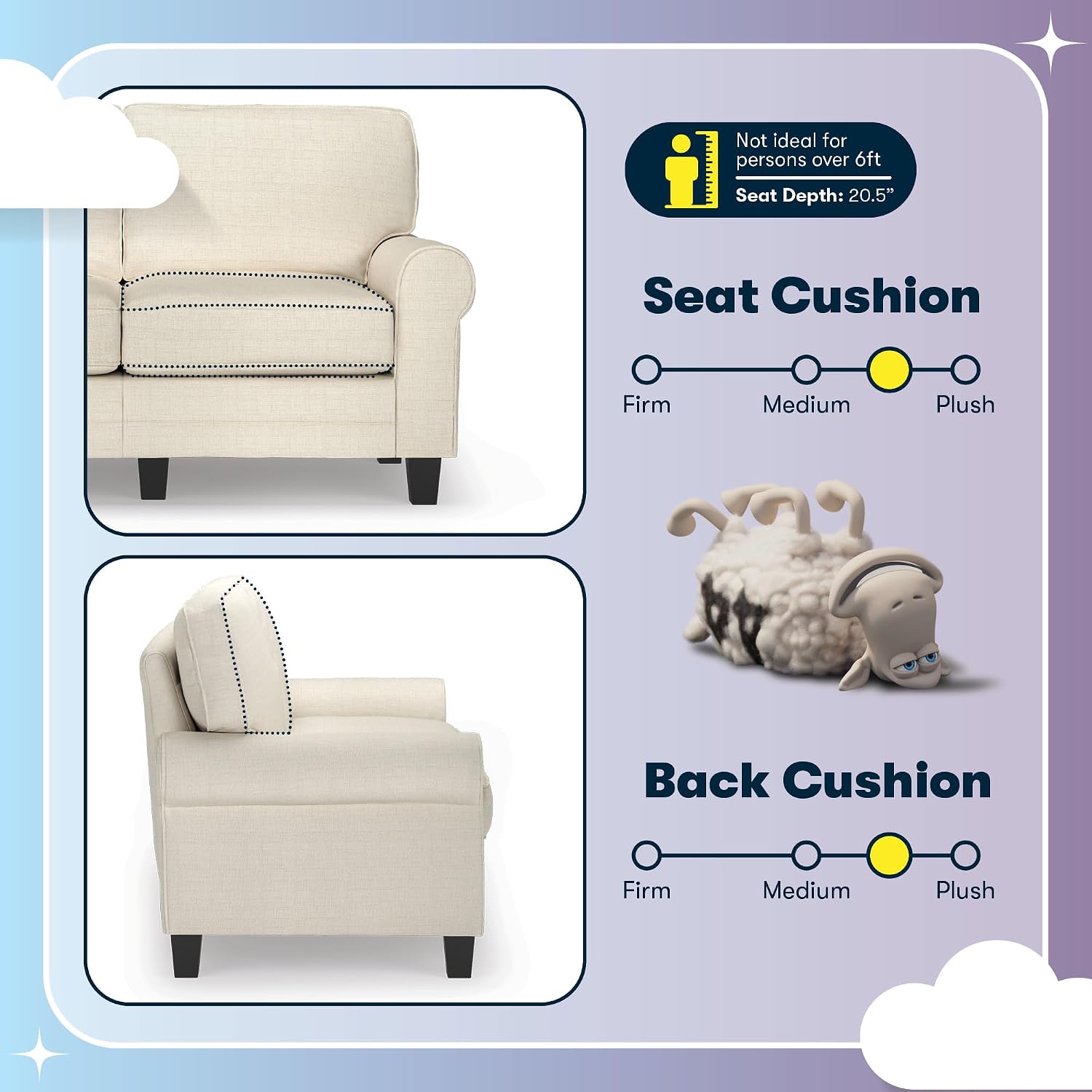 Serta Copenhagen Small Loveseat Sofa, 61 Inch Couch with Rolled Arms, Pocket Coil Seat Cushions, Removable Covers, Easy Care Polyester Upholstery for Living Room, Bedroom or Office, Buttercream