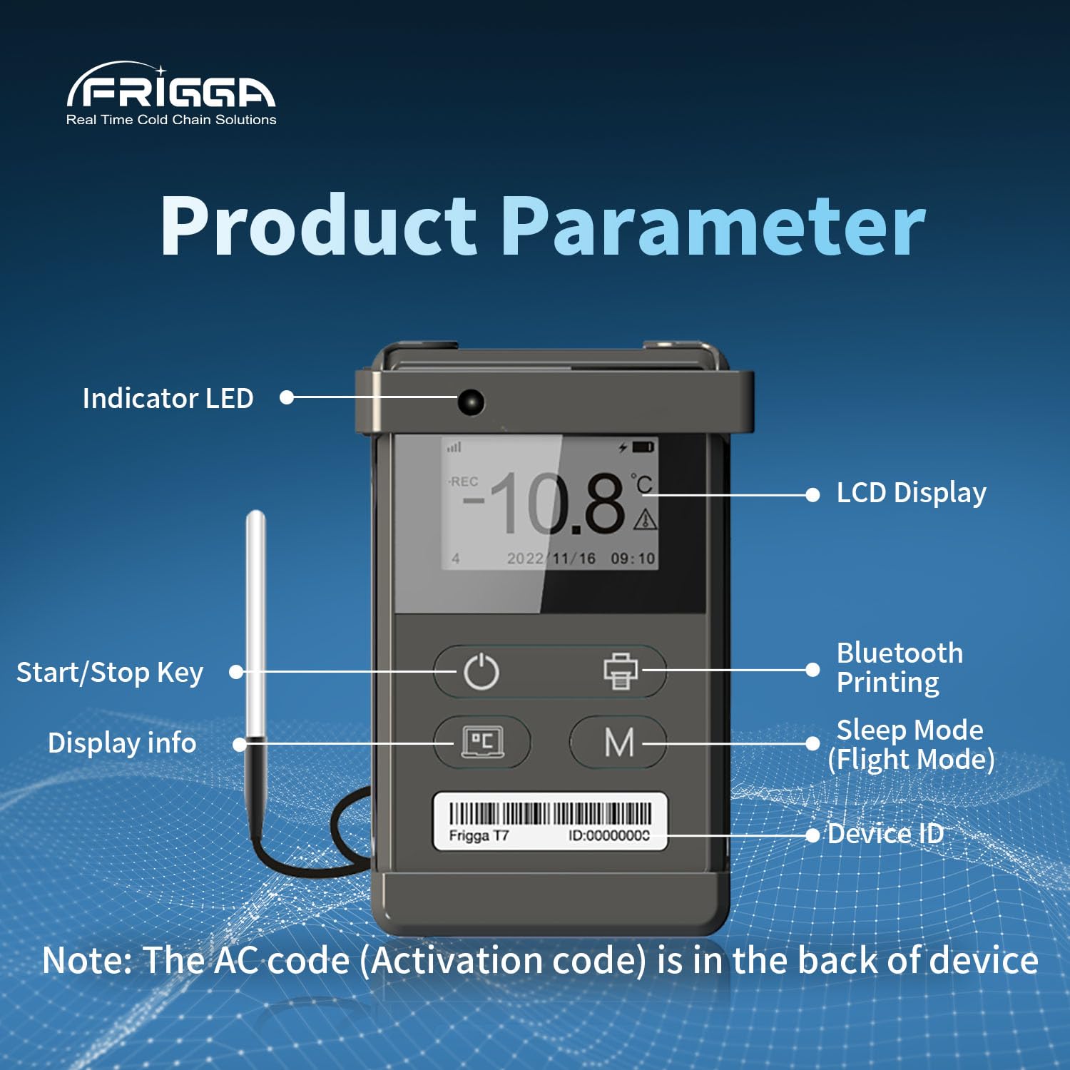 Frigga T71 4G/5G Reusable Real-Time Temperature Data Logger with External Sensor Remote Temperature Monitor Digital Refrigerator Thermometer Rechargeable 24/7 Monitoring & Instant Alerts