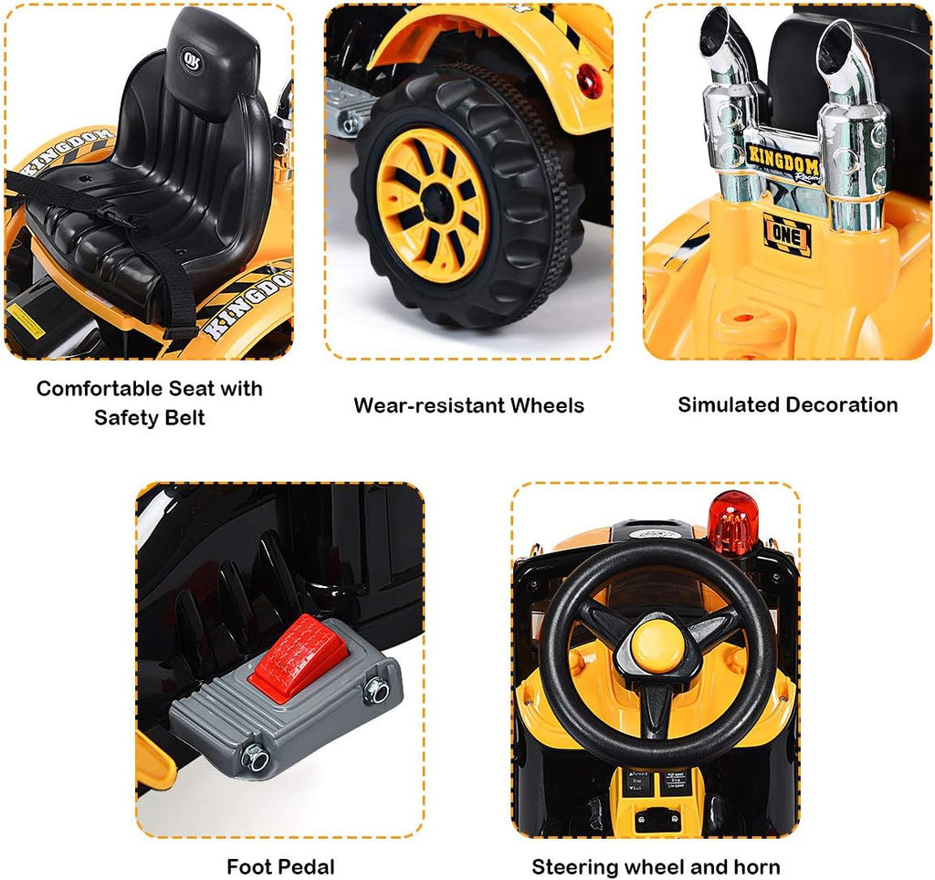 Costzon Ride on Excavator, 12V Battery Powered Construction Vehicles for Kids with Front Loader, Horn, Safety Belt, Treaded Wheels, Ride on Bulldozer Truck, Excavator Ride on Toy Gift for Boys Girls