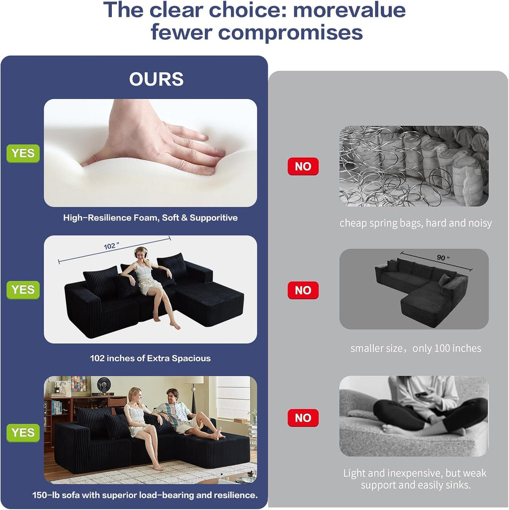102' Black Couch for Living Room,Boneless Couch No Assembly Required,Comfy Couches with Oversized Chaise,Compressed Sofa for Any Room,Modern Sofa-Corduroy
